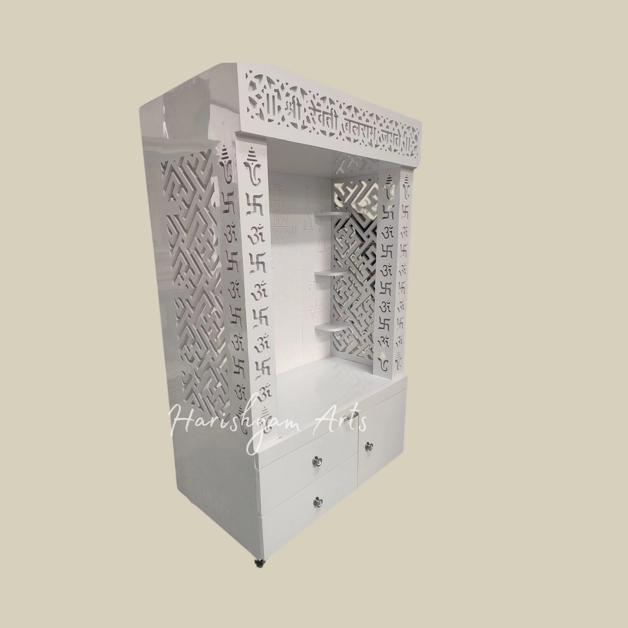 60" 3D Corian Mandir with Drawers7