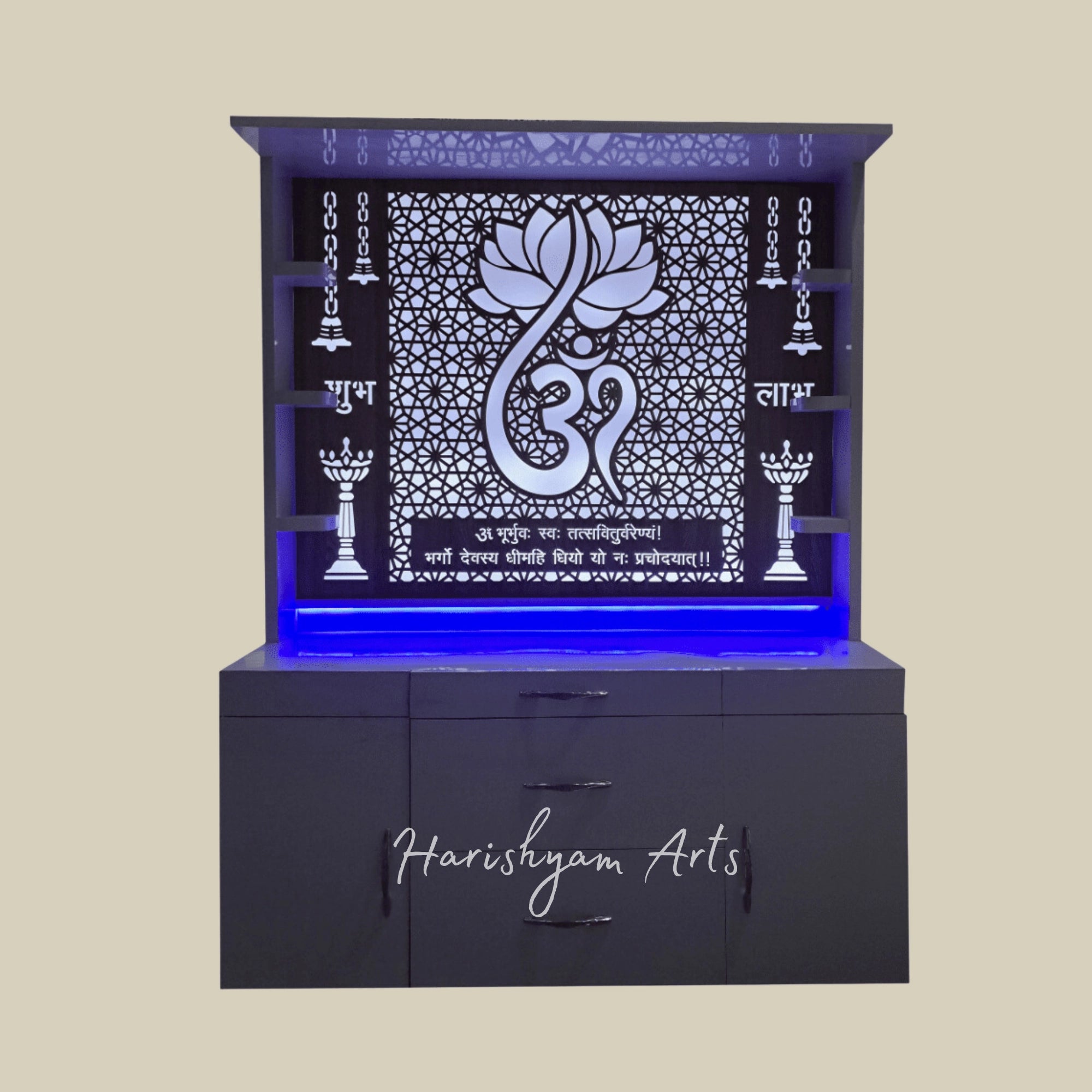 60" Corian Marble Mandir with Lighted Lotus Om at Back & Storage