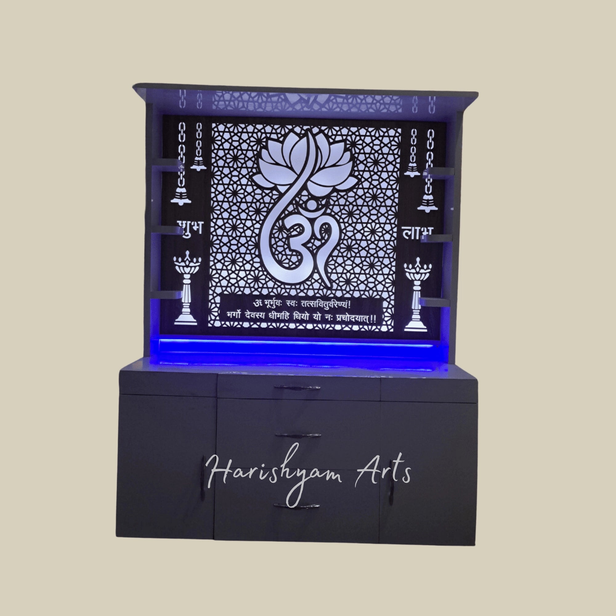 60" Corian Marble Mandir with Lighted Lotus Om at Back & Storage10