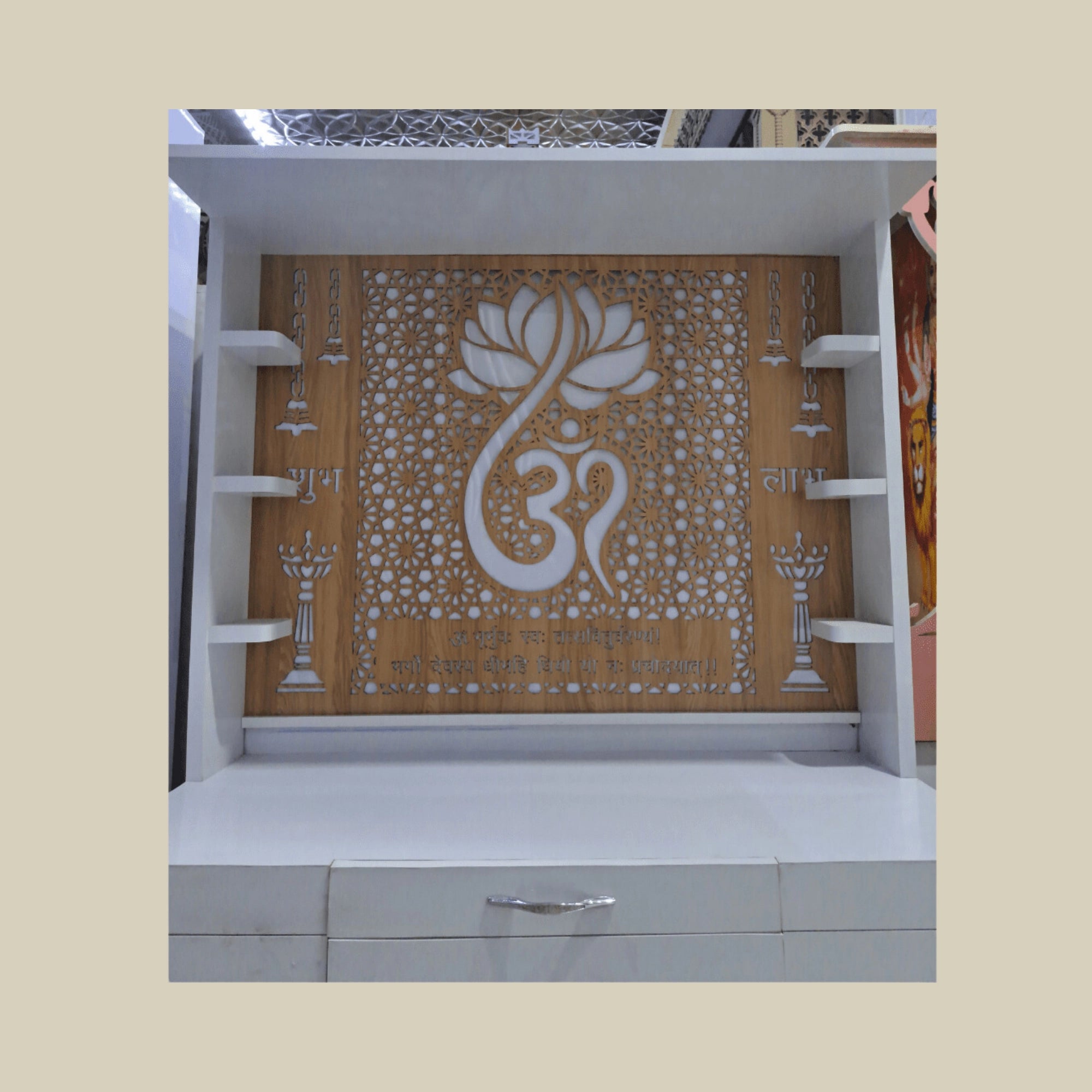 60" Corian Marble Mandir with Lighted Lotus Om at Back & Storage2