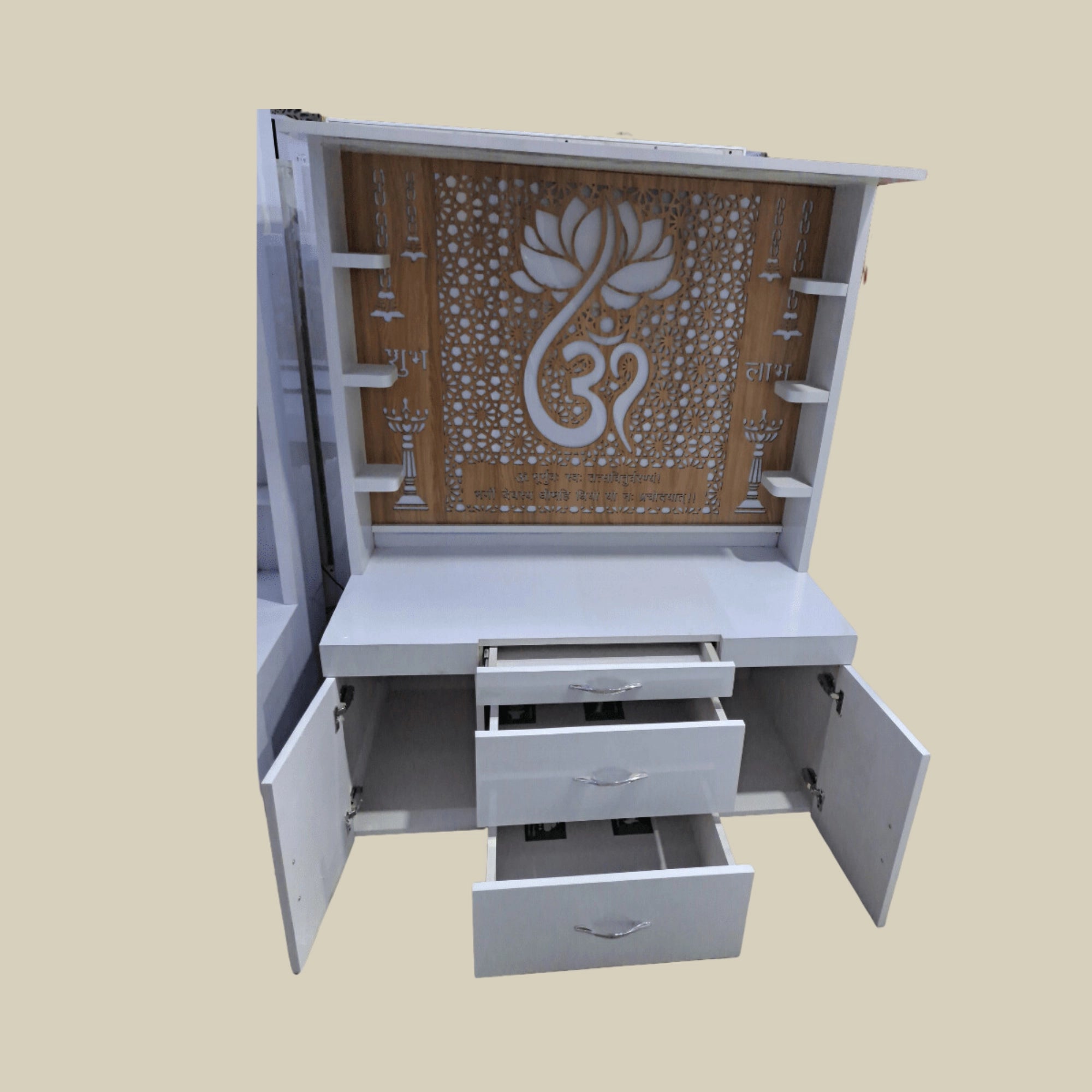 60" Corian Marble Mandir with Lighted Lotus Om at Back & Storage3