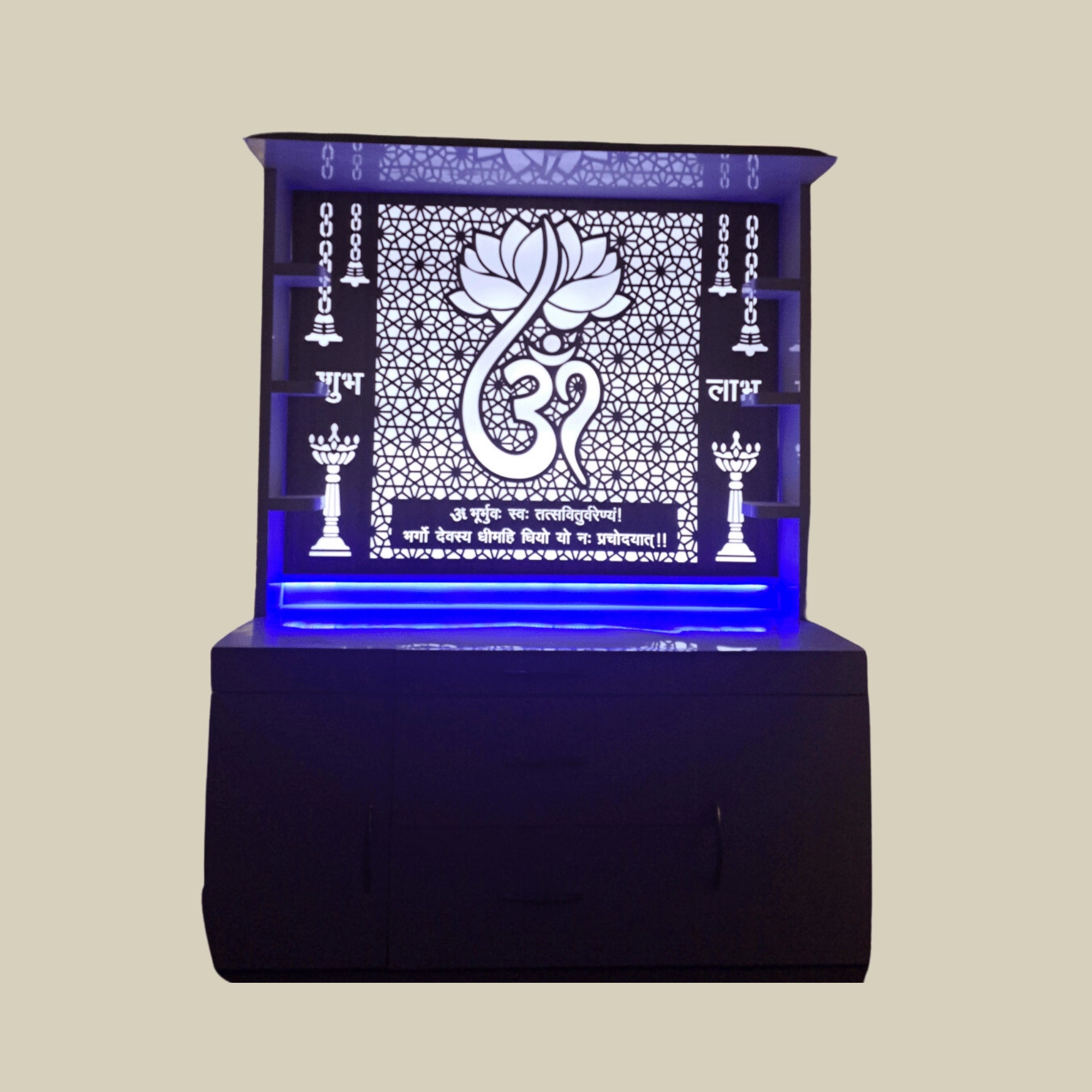 60" Corian Marble Mandir with Lighted Lotus Om at Back & Storage4