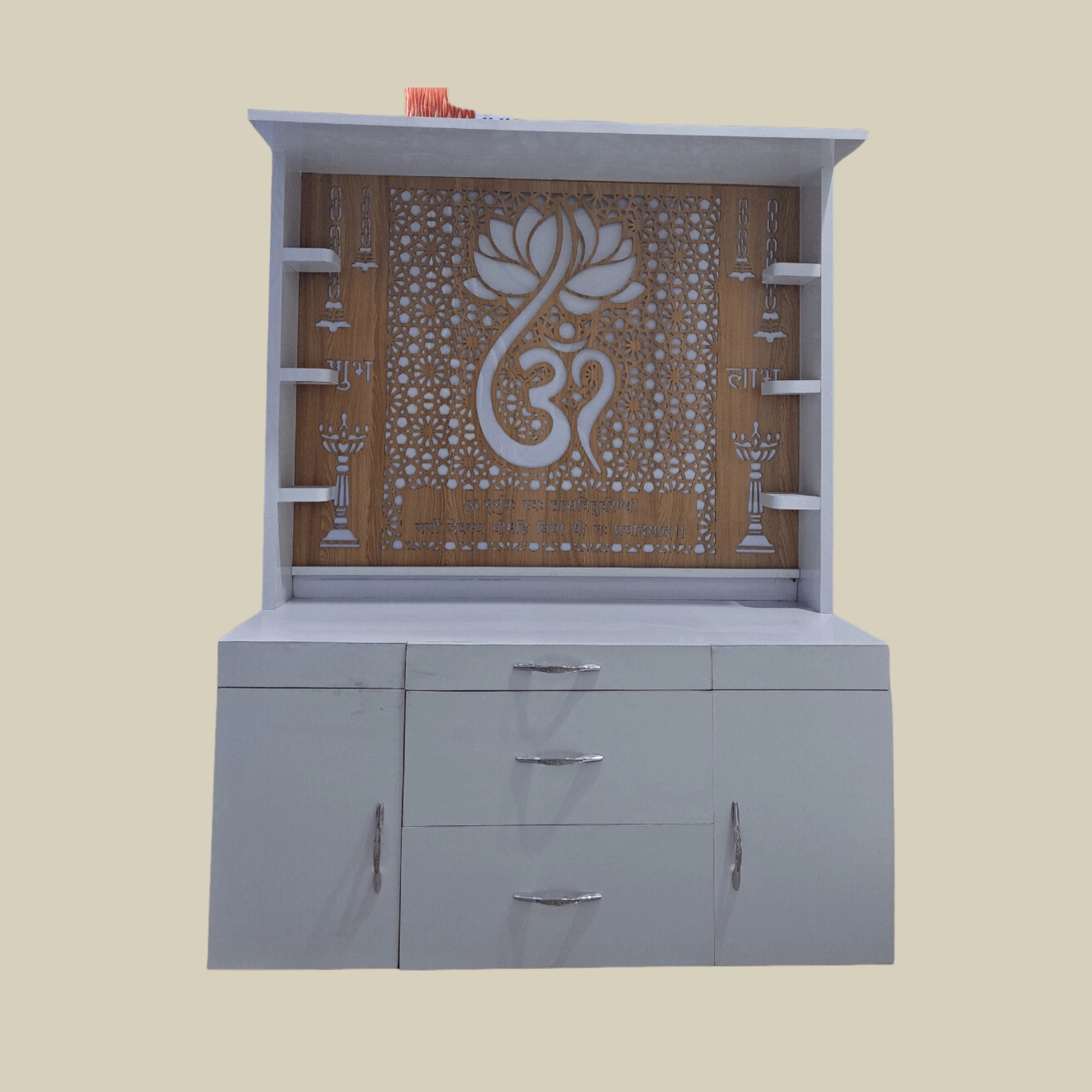 60" Corian Marble Mandir with Lighted Lotus Om at Back & Storage5