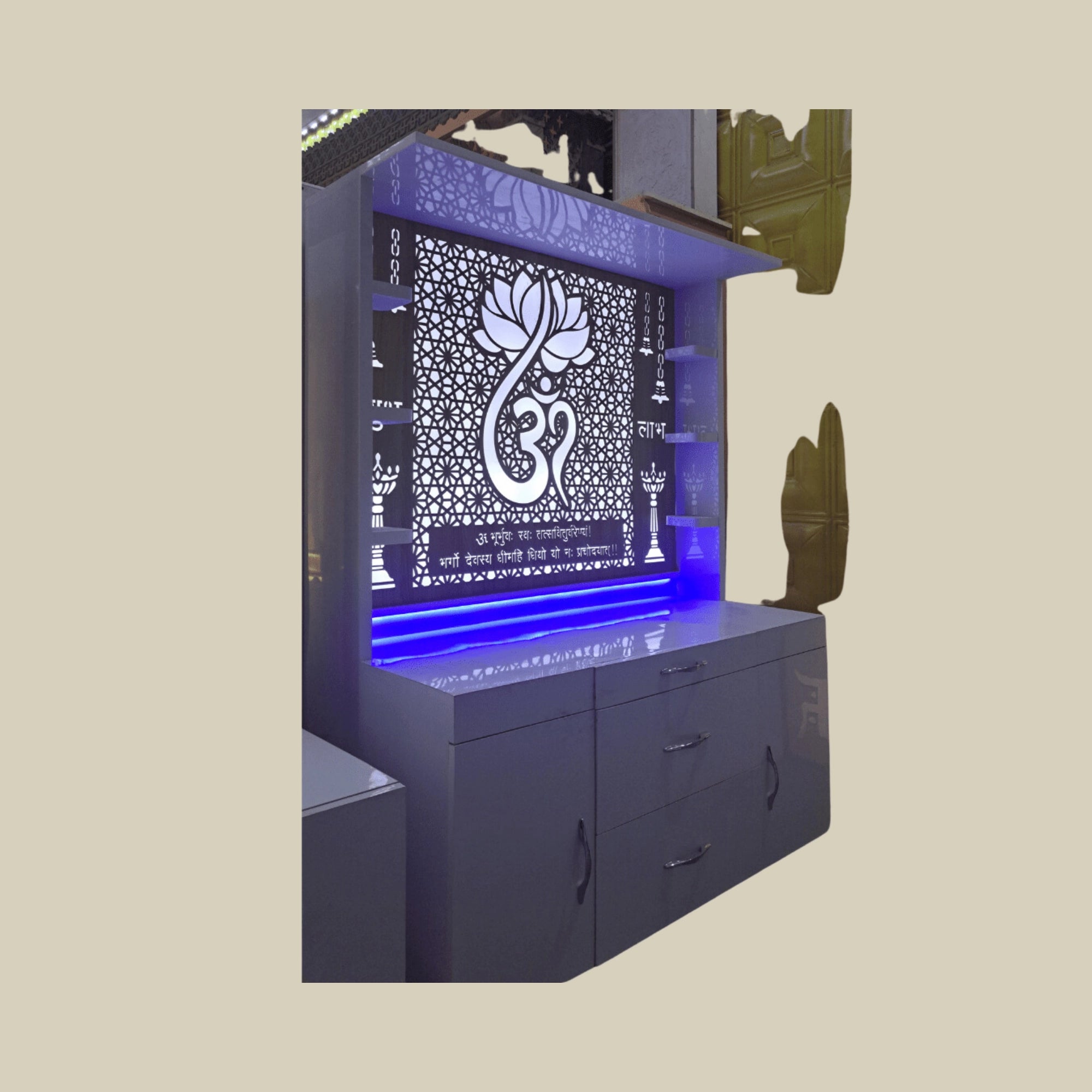 60" Corian Marble Mandir with Lighted Lotus Om at Back & Storage6