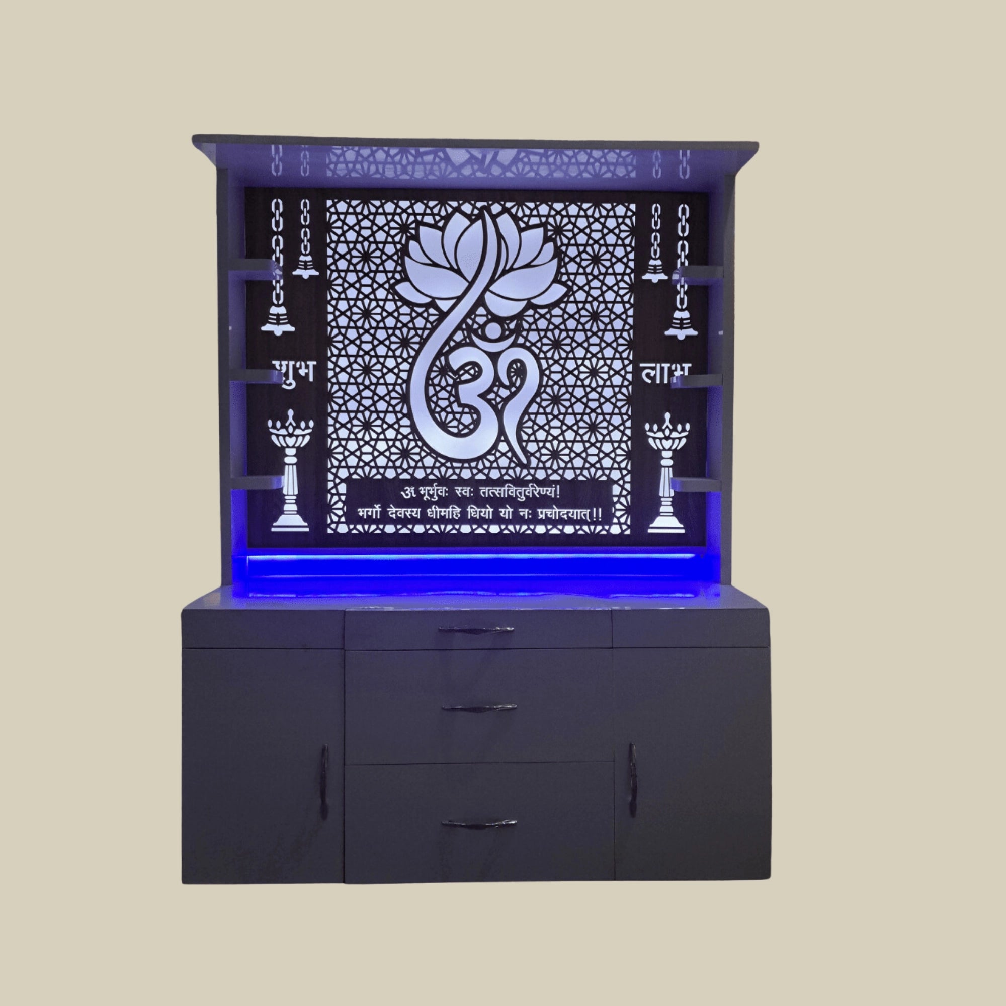 60" Corian Marble Mandir with Lighted Lotus Om at Back & Storage9