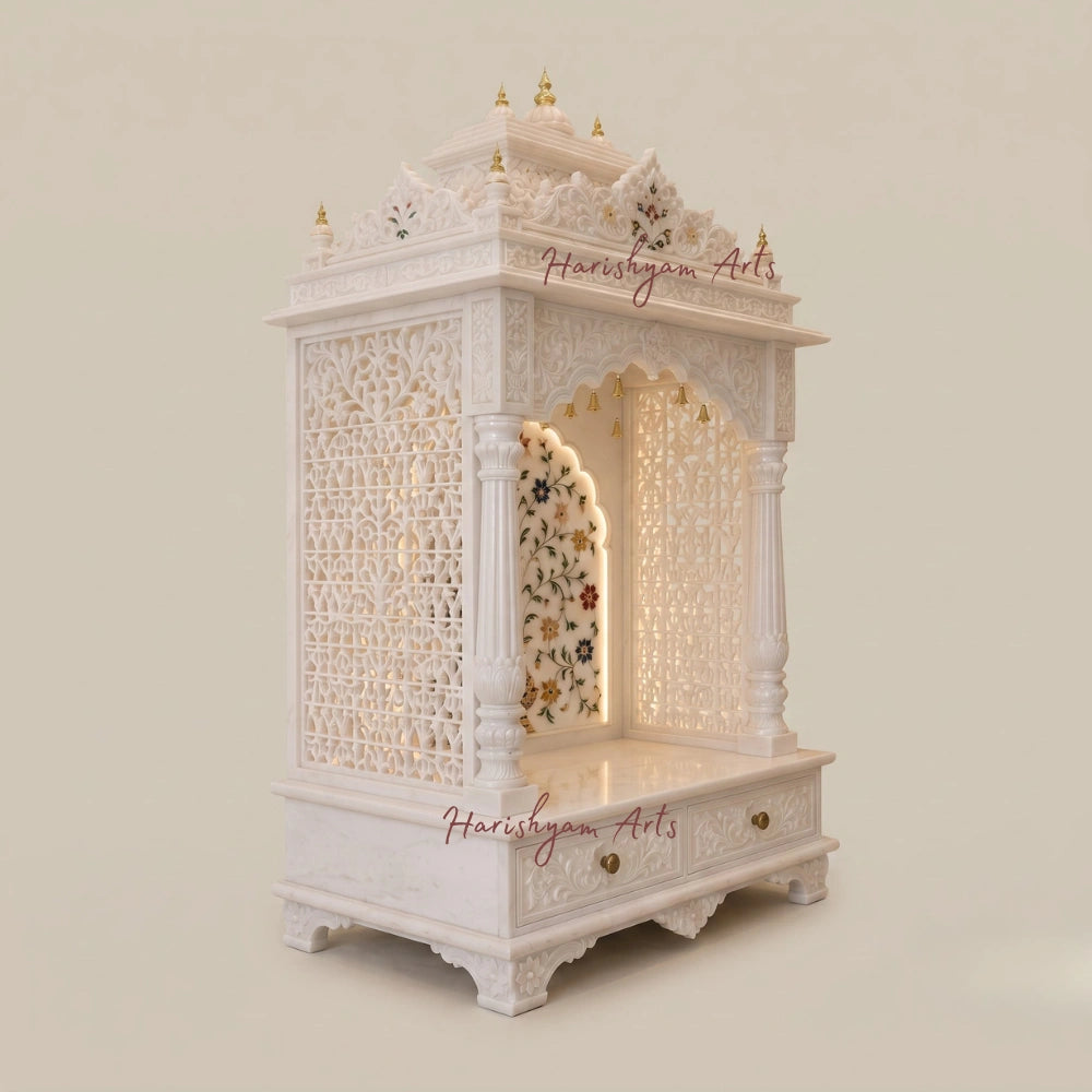 60" White Marble Mandir for Home with Floral Inlay Work