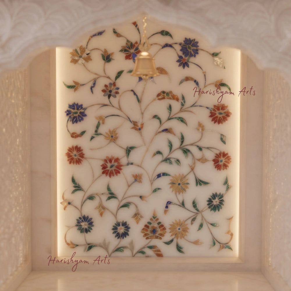 60" White Marble Mandir for Home with Floral Inlay Work
