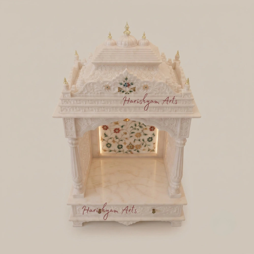 60" White Marble Mandir for Home with Floral Inlay Work