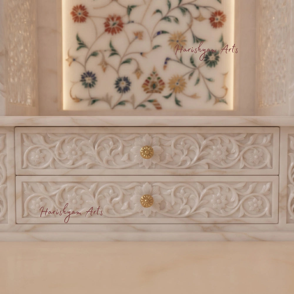 60" White Marble Mandir for Home with Floral Inlay Work