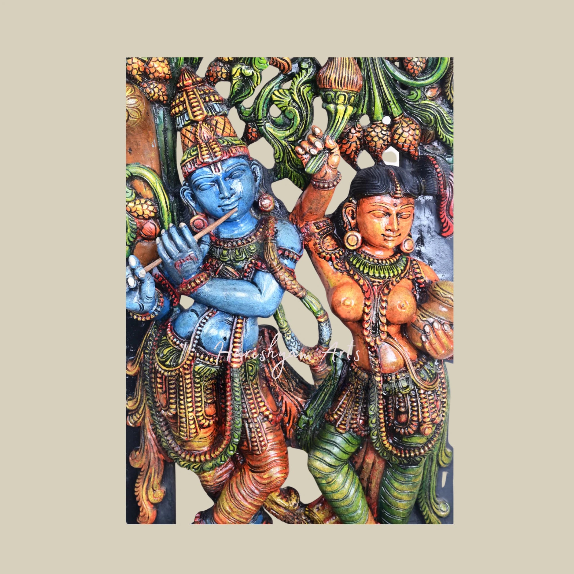 61" Multicoloured Radha Krishna Jali Wall Mount with Wooden Krishna Murti for Devotees