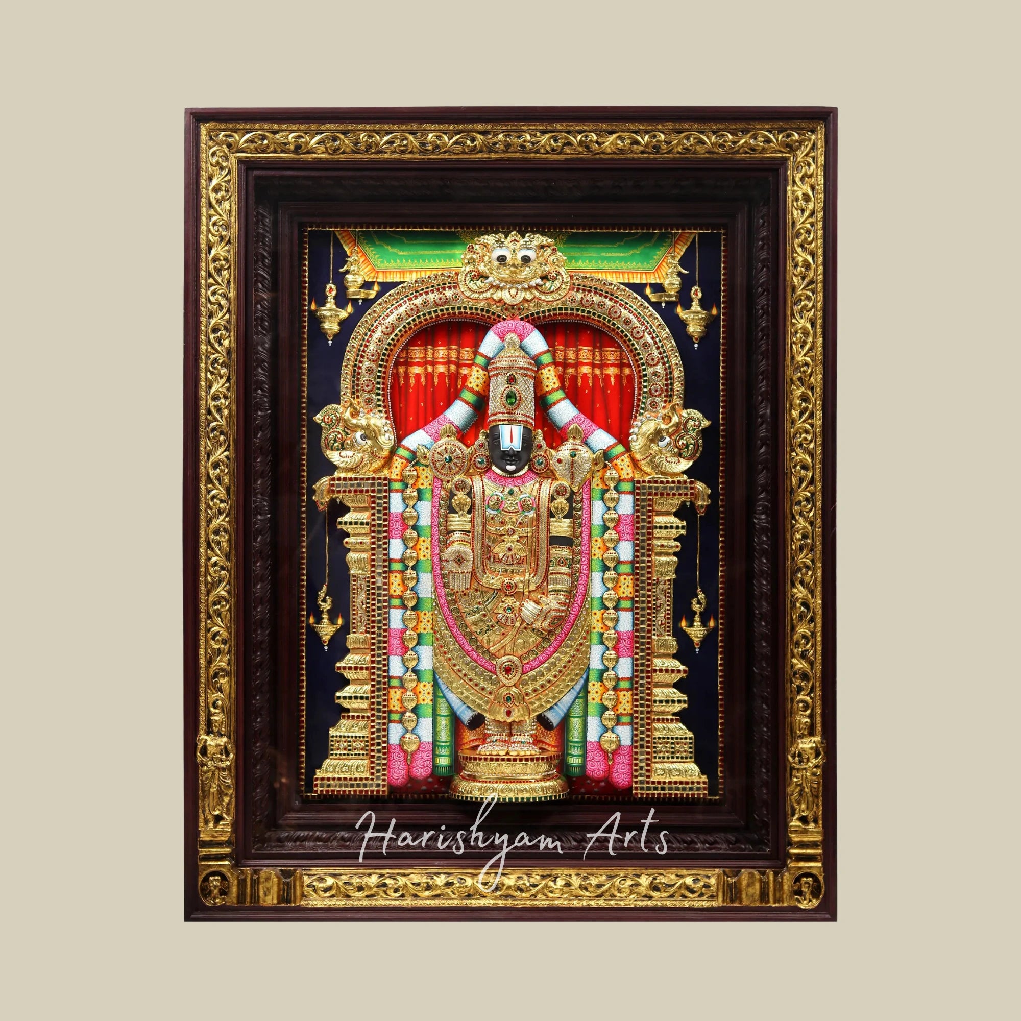 62" Tirupati Balaji Tanjore Painting with Illumination and 22-Karat Gold Embossed Design