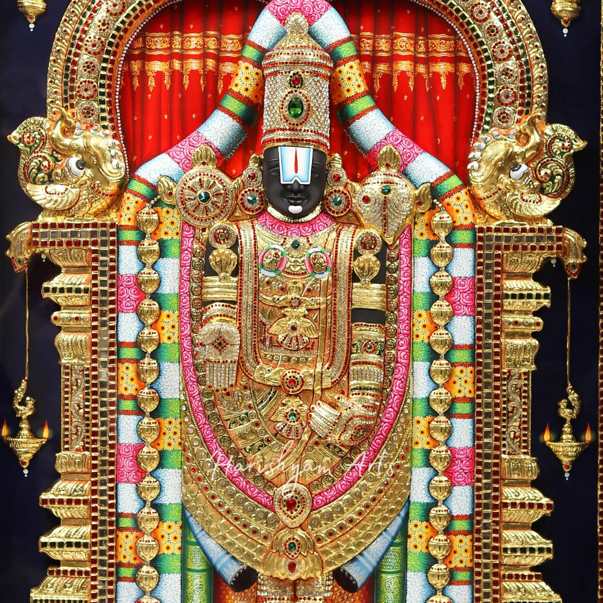 62" Tirupati Balaji Tanjore Painting with Illumination and 22-Karat Gold Embossed Design