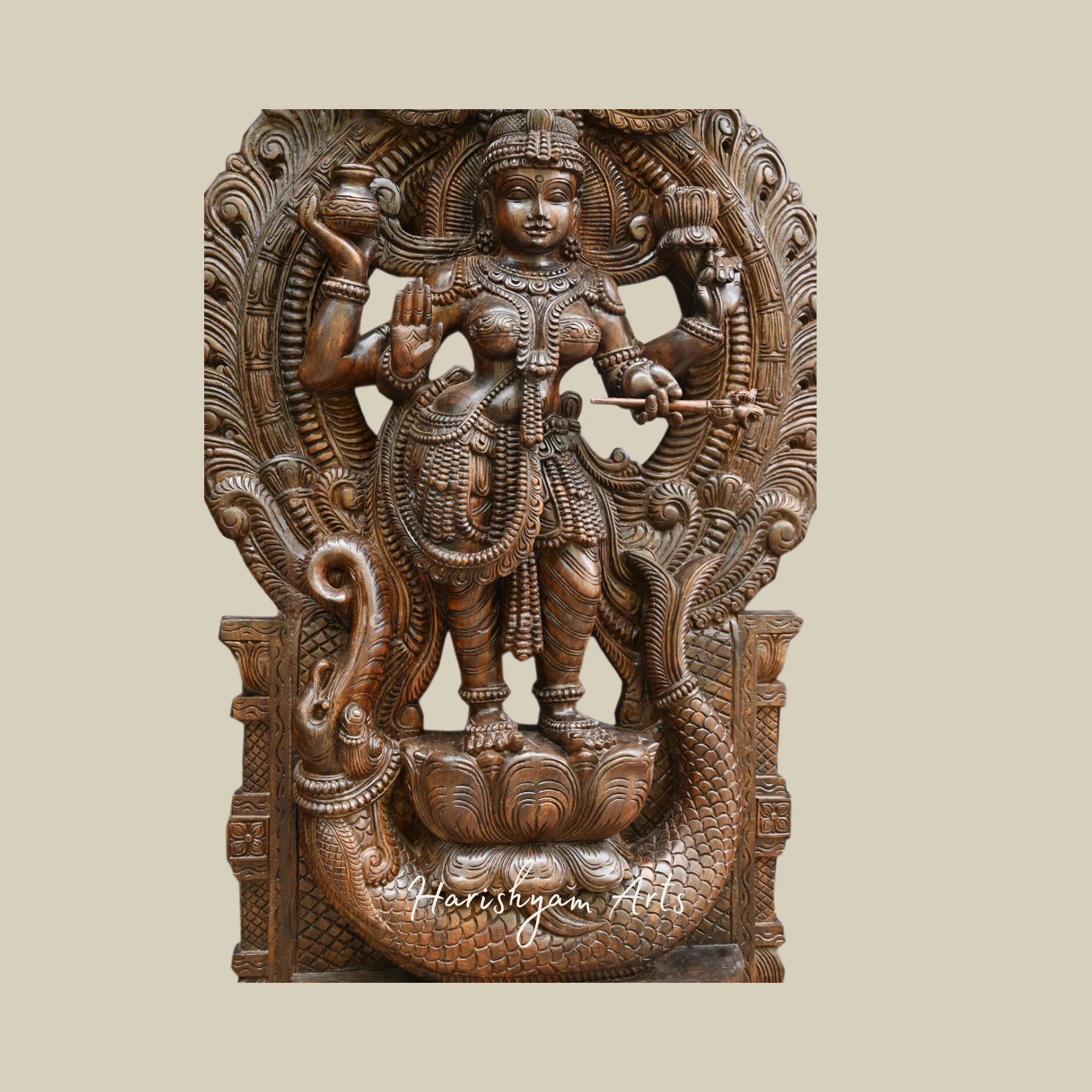 63" Wooden Lakshmi Devi Figurine of Dhanya Lakshmi Standing with Unique Prabhavali Design