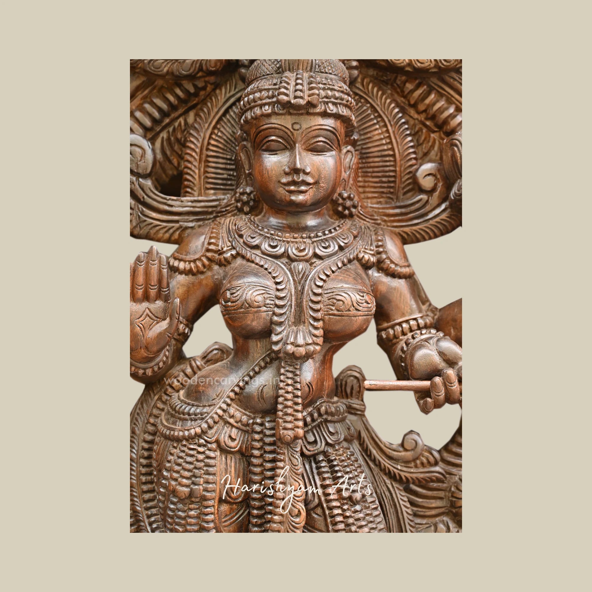 63" Wooden Lakshmi Devi Figurine of Dhanya Lakshmi Standing with Unique Prabhavali Design1