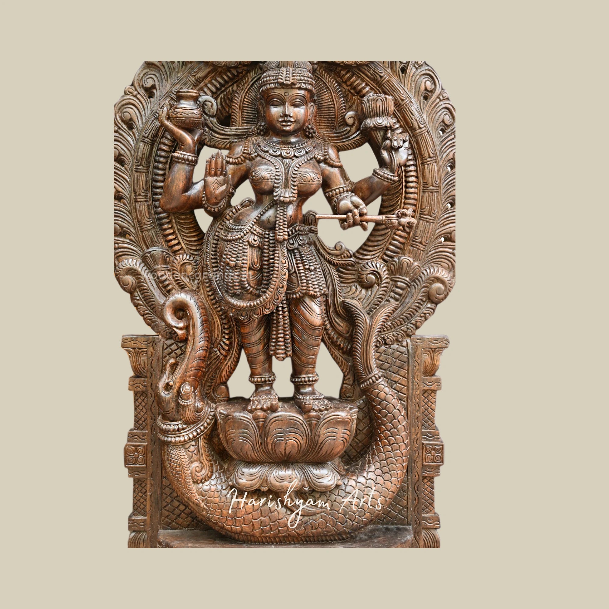 63" Wooden Lakshmi Devi Figurine of Dhanya Lakshmi Standing with Unique Prabhavali Design3