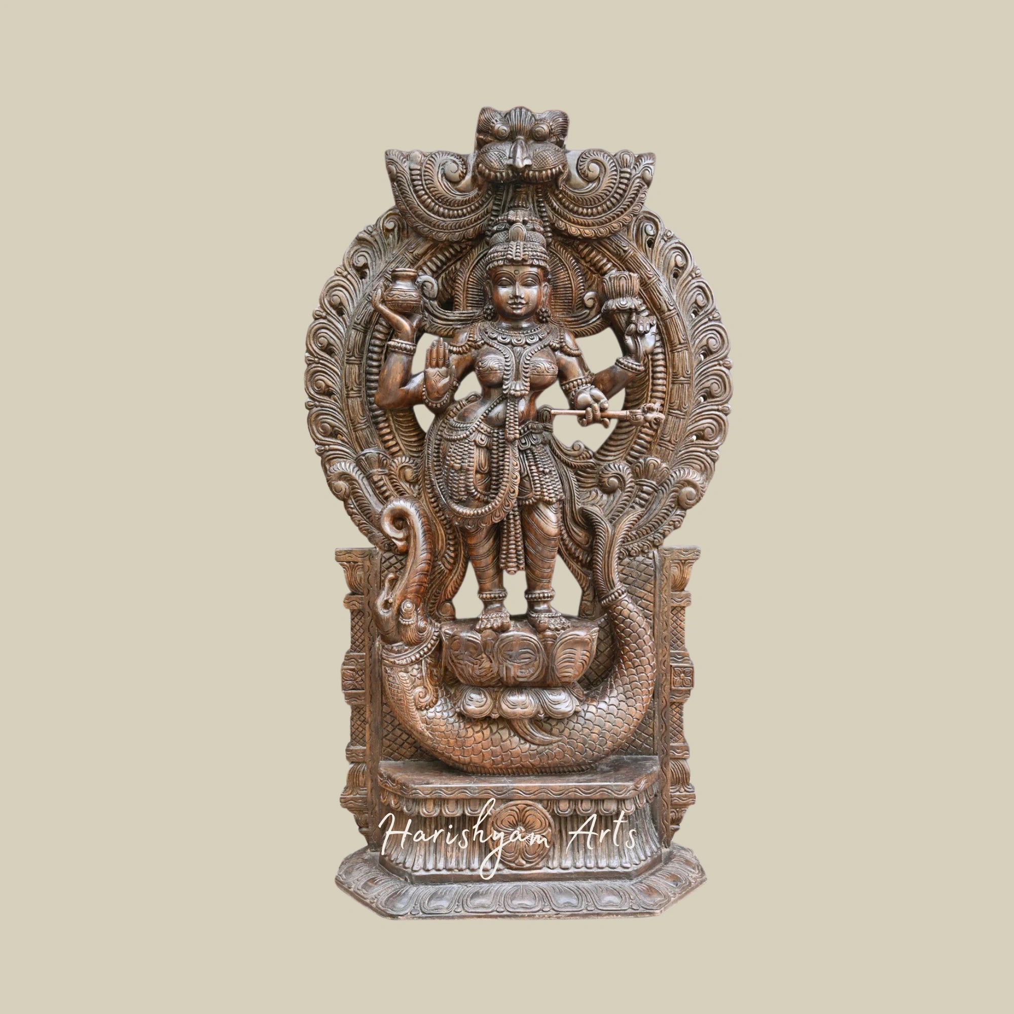 63" Wooden Lakshmi Devi Figurine of Dhanya Lakshmi Standing with Unique Prabhavali Design4