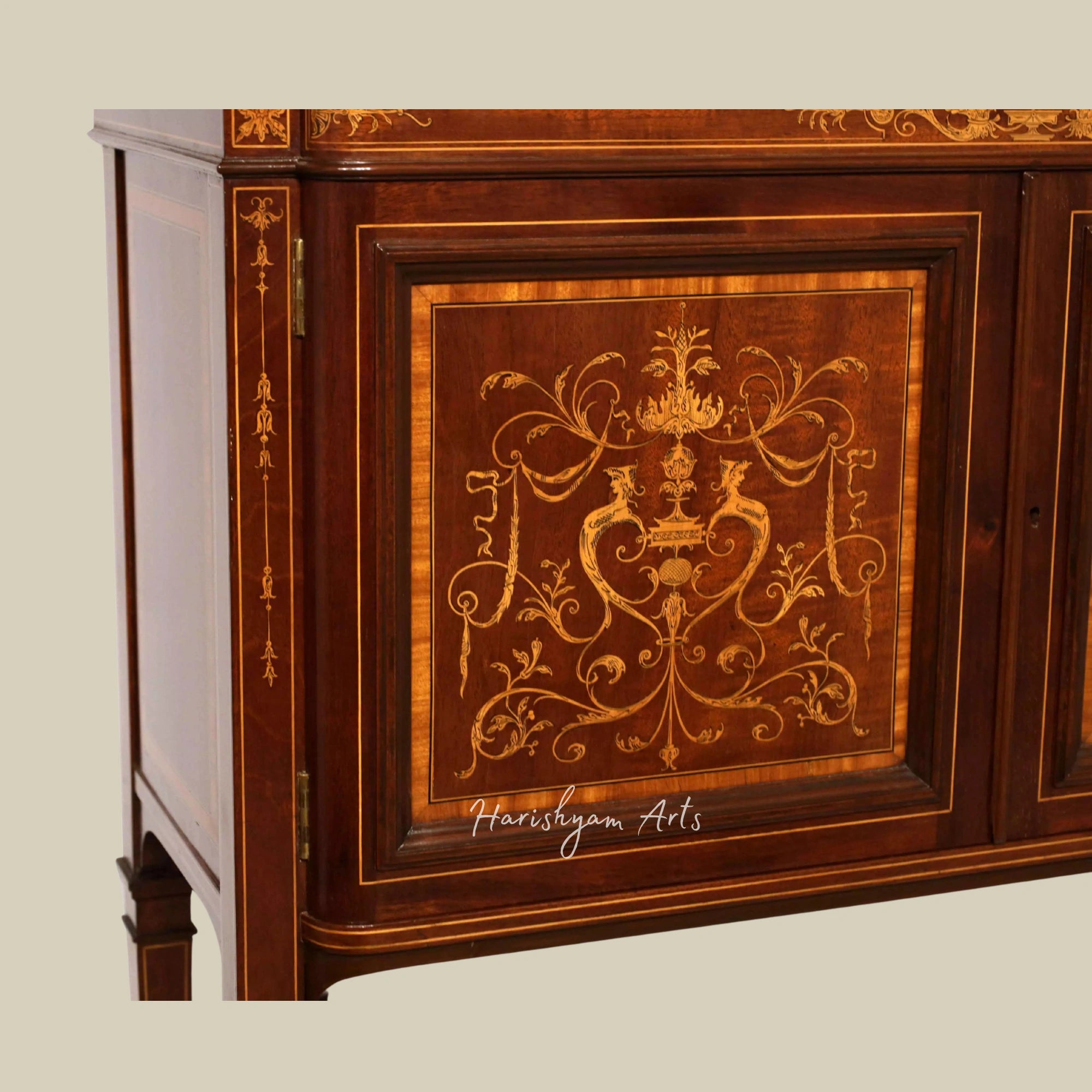 64" Wooden Bookshelf with Intricate Marquetry Panel Doors