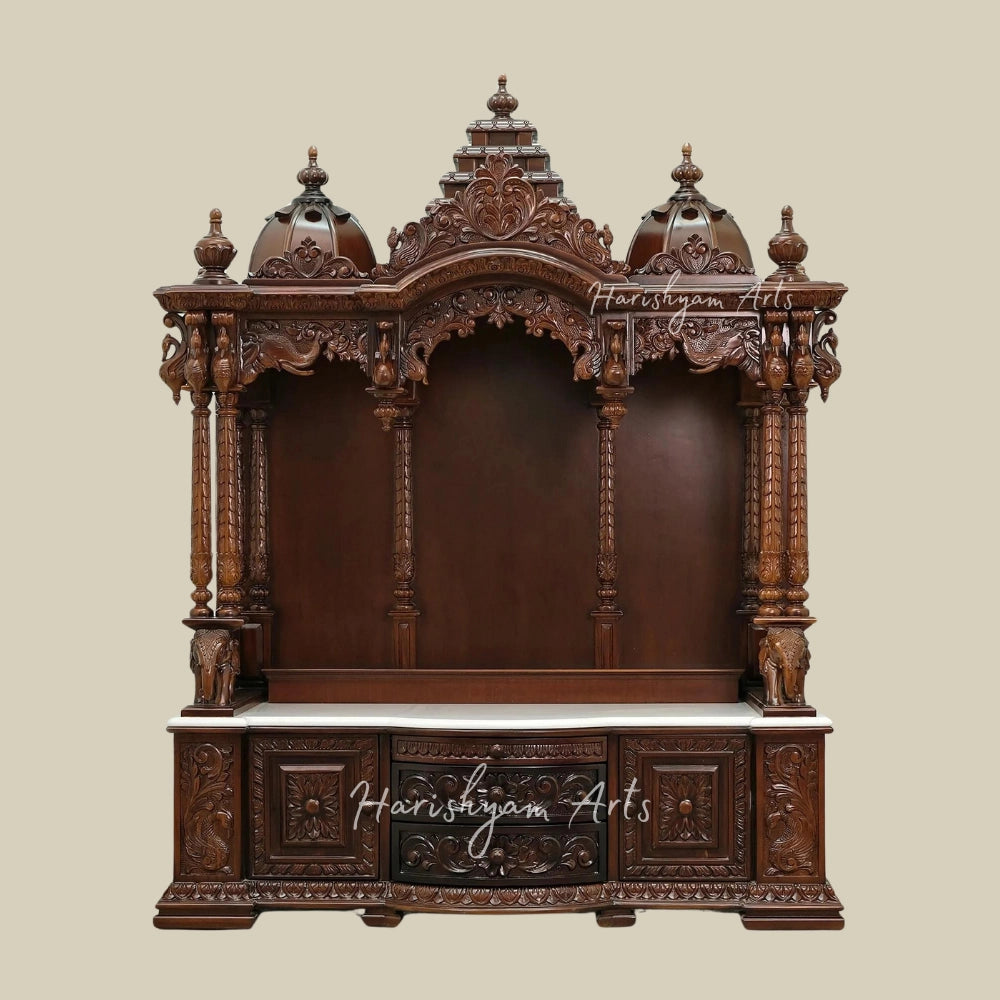 65" Large Handcarved Teak Wood Pooja Mandir with Drawers