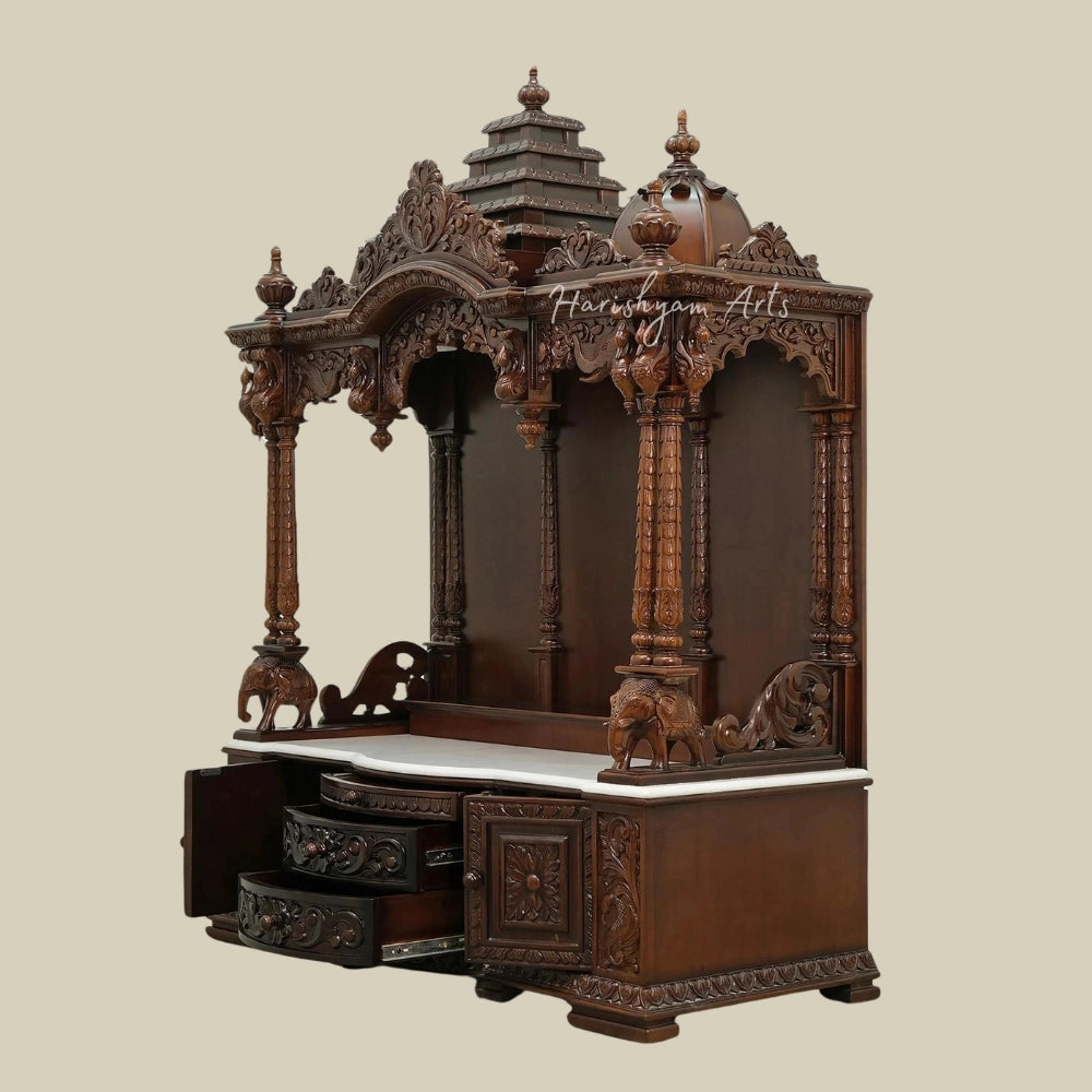 65" Large Handcarved Teak Wood Pooja Mandir with Drawers