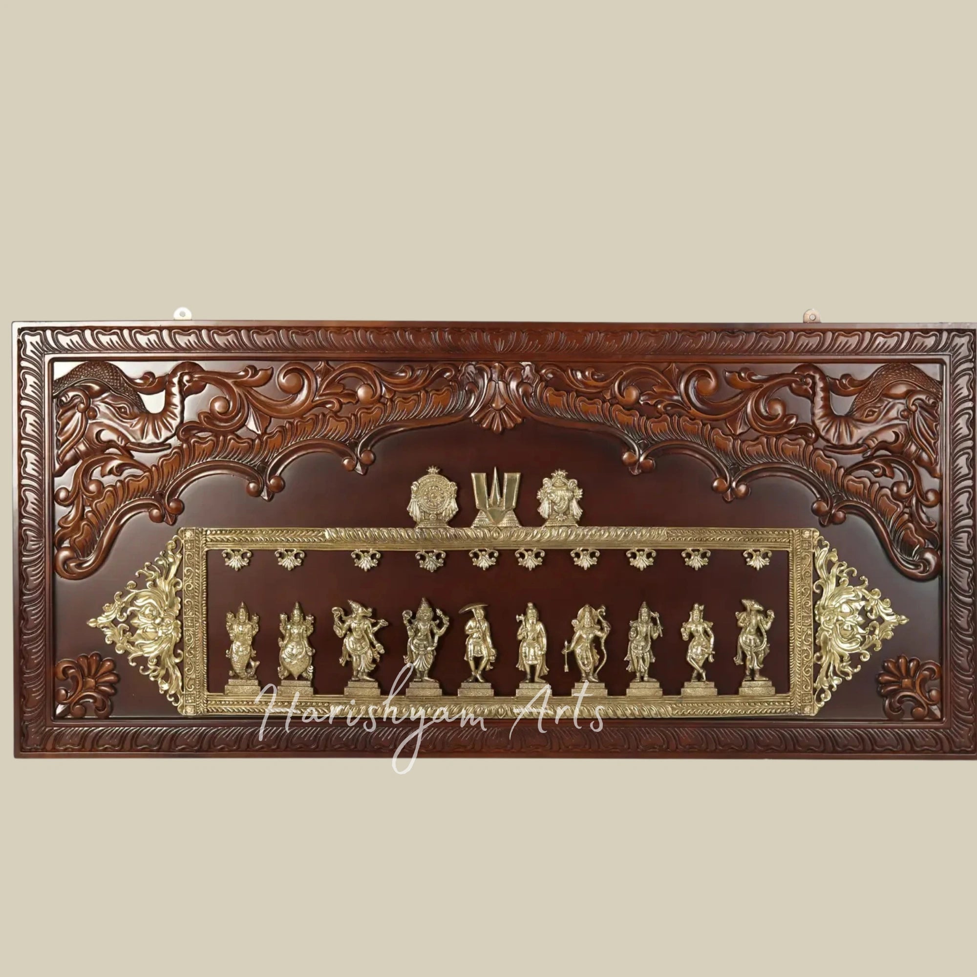 65" Dashavatar Lord Vishnu Brass Wall Art with Handcrafted Wooden Frame