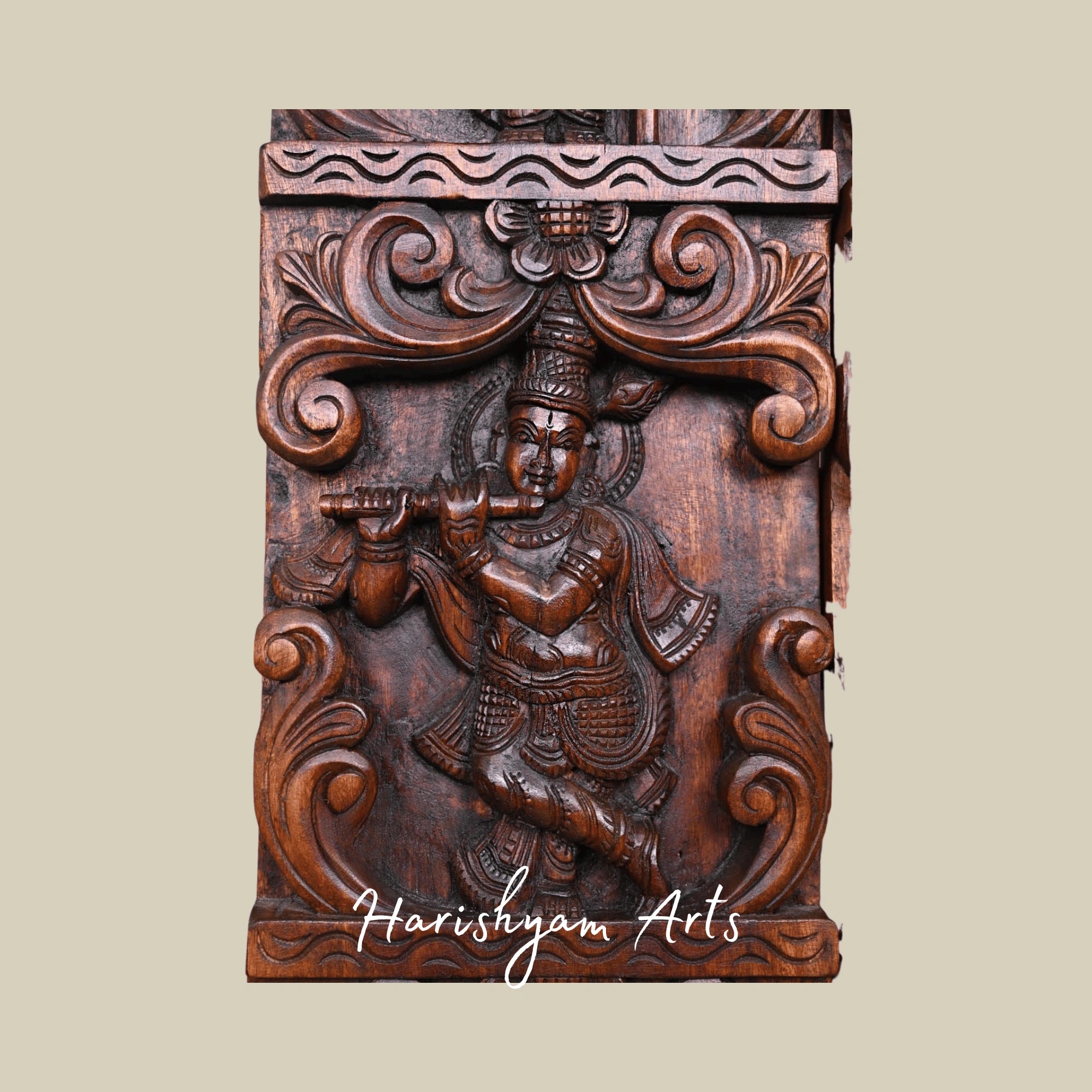 66" Temple-Style Wooden Wall Hanging – Traditional South Indian Architecture Inspired Carved Décor