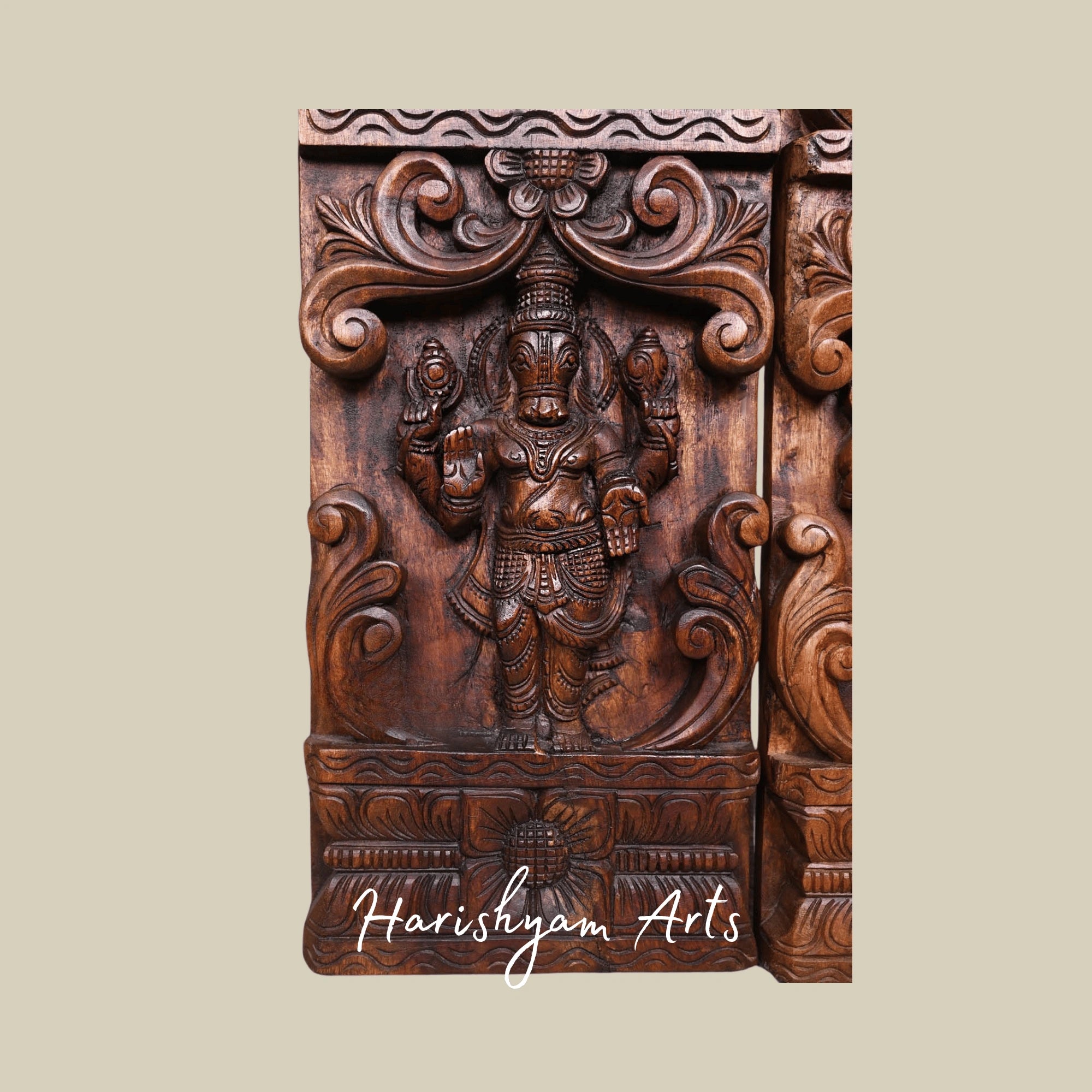 66" Temple-Style Wooden Wall Hanging – Traditional South Indian Architecture Inspired Carved Décor