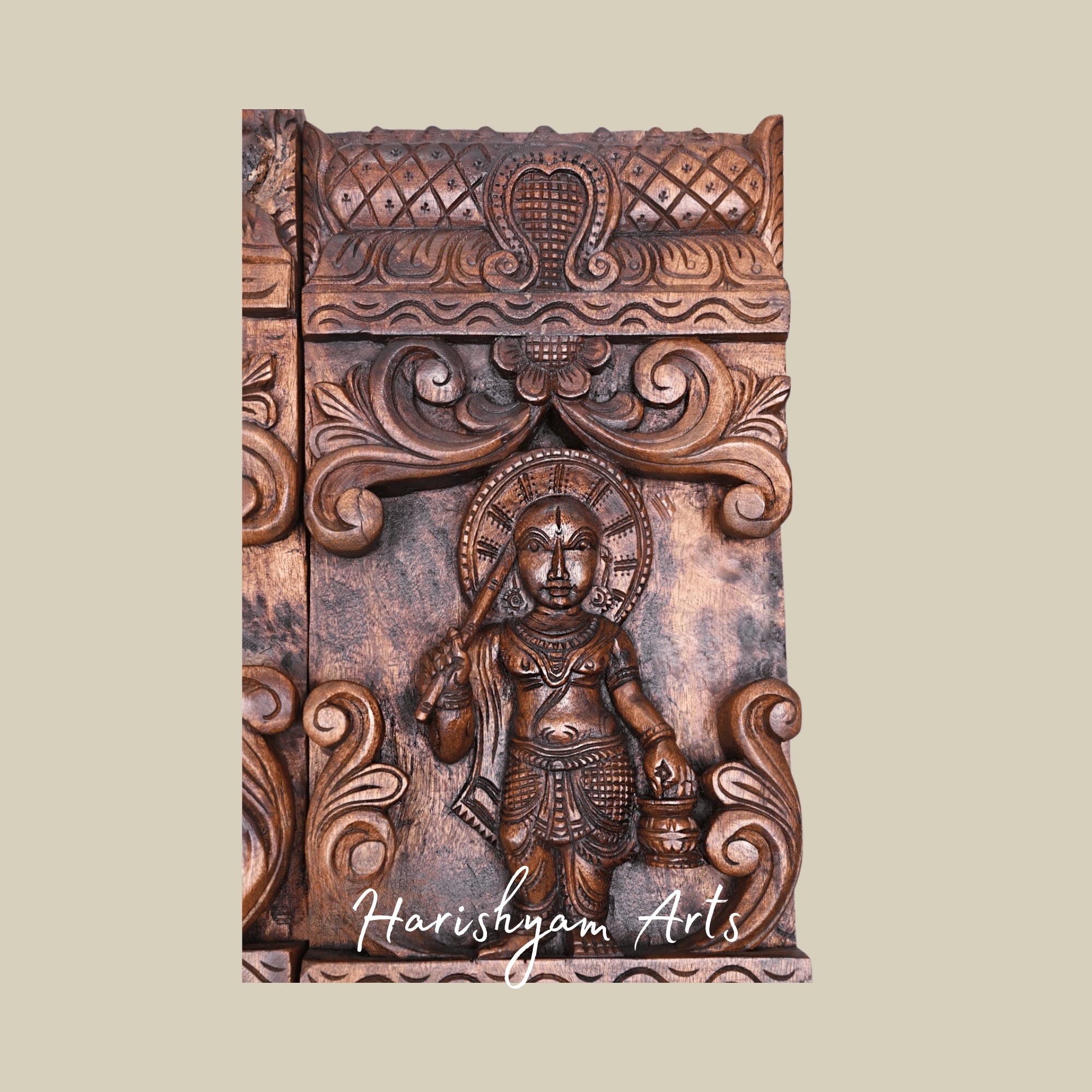 66" Temple-Style Wooden Wall Hanging – Traditional South Indian Architecture Inspired Carved Décor