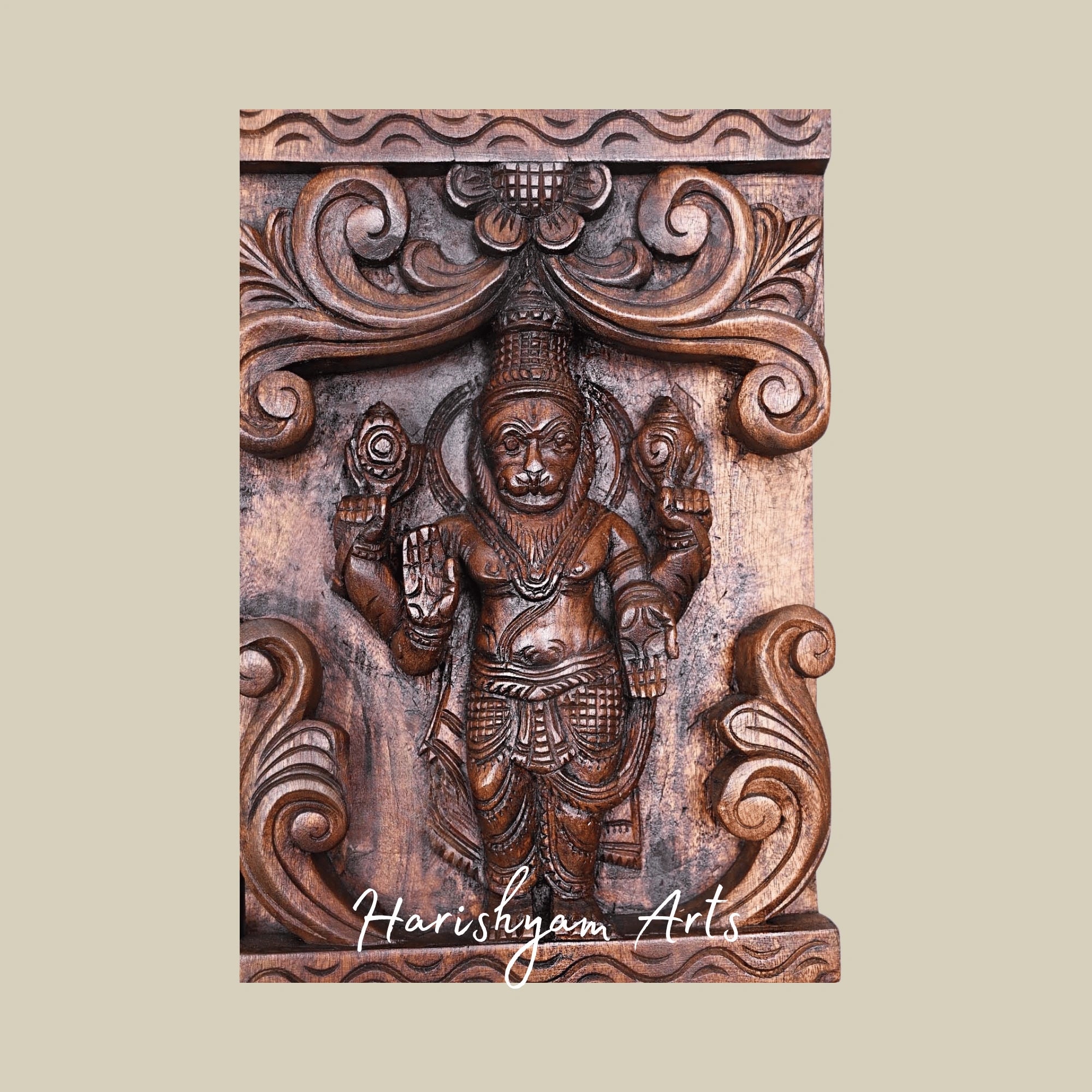 66" Temple-Style Wooden Wall Hanging – Traditional South Indian Architecture Inspired Carved Décor