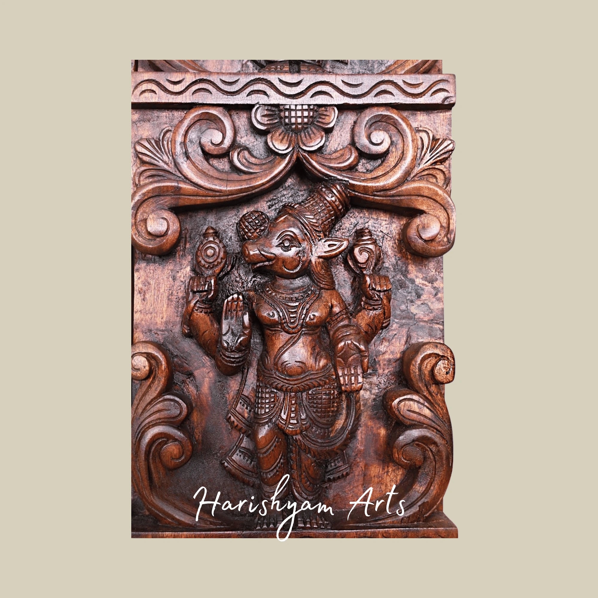 66" Temple-Style Wooden Wall Hanging – Traditional South Indian Architecture Inspired Carved Décor