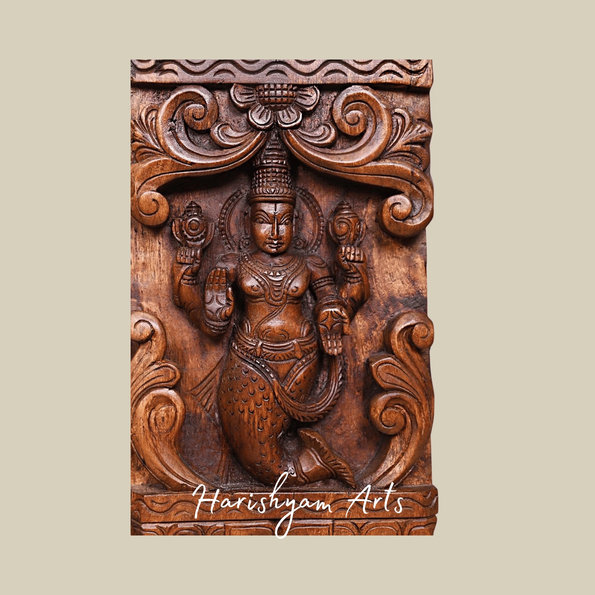 66" Temple-Style Wooden Wall Hanging – Traditional South Indian Architecture Inspired Carved Décor