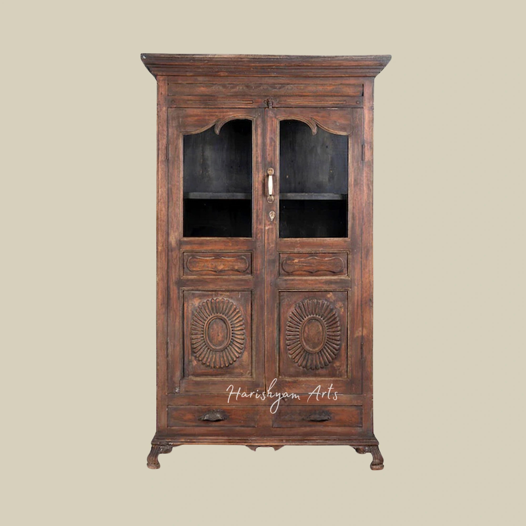 67" Natural Rustic Solid Wood Hand-Carved Bookshelf with Storage