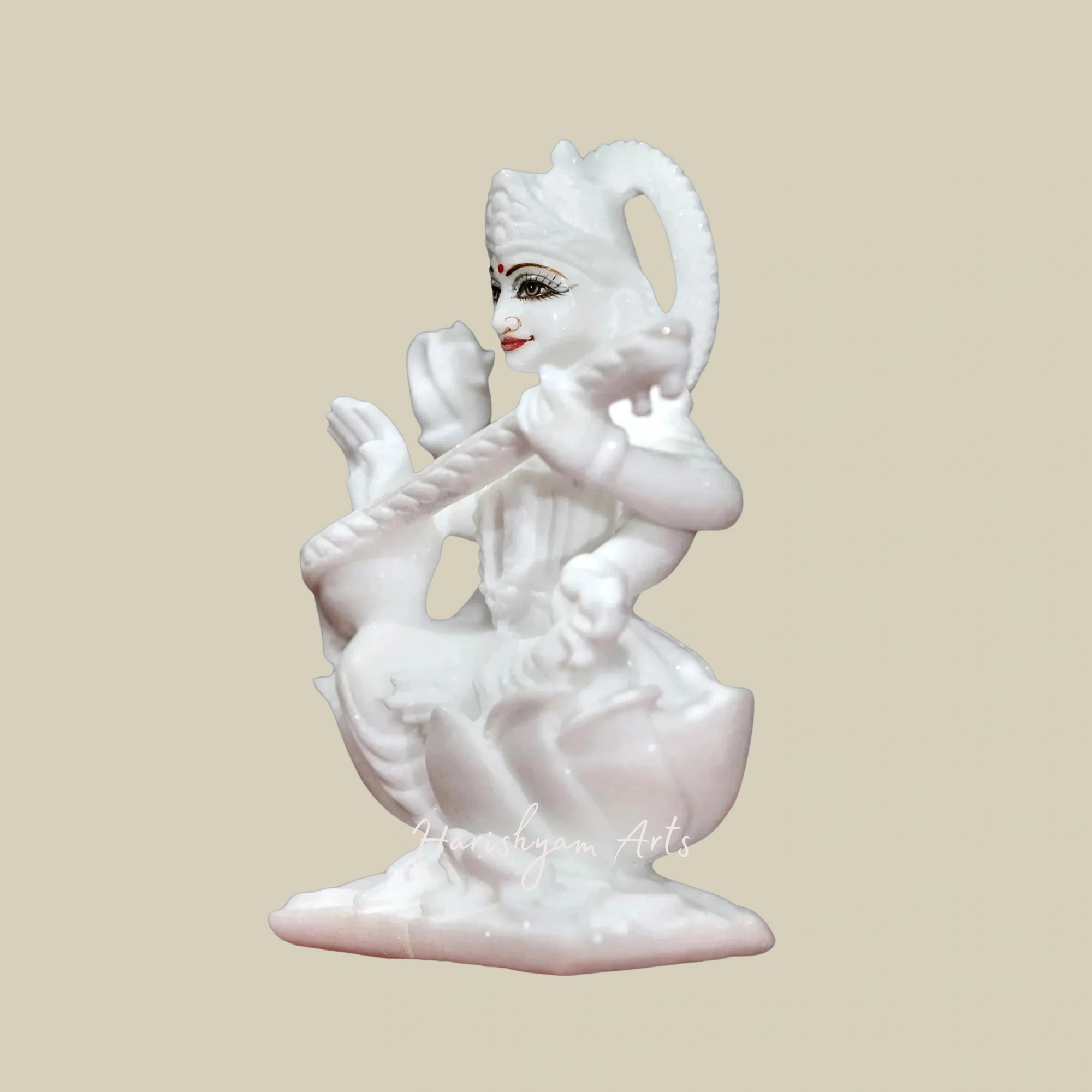 6" Chaturbhuja Saraswati Seated on Lotus Super White Makrana Marble Idol