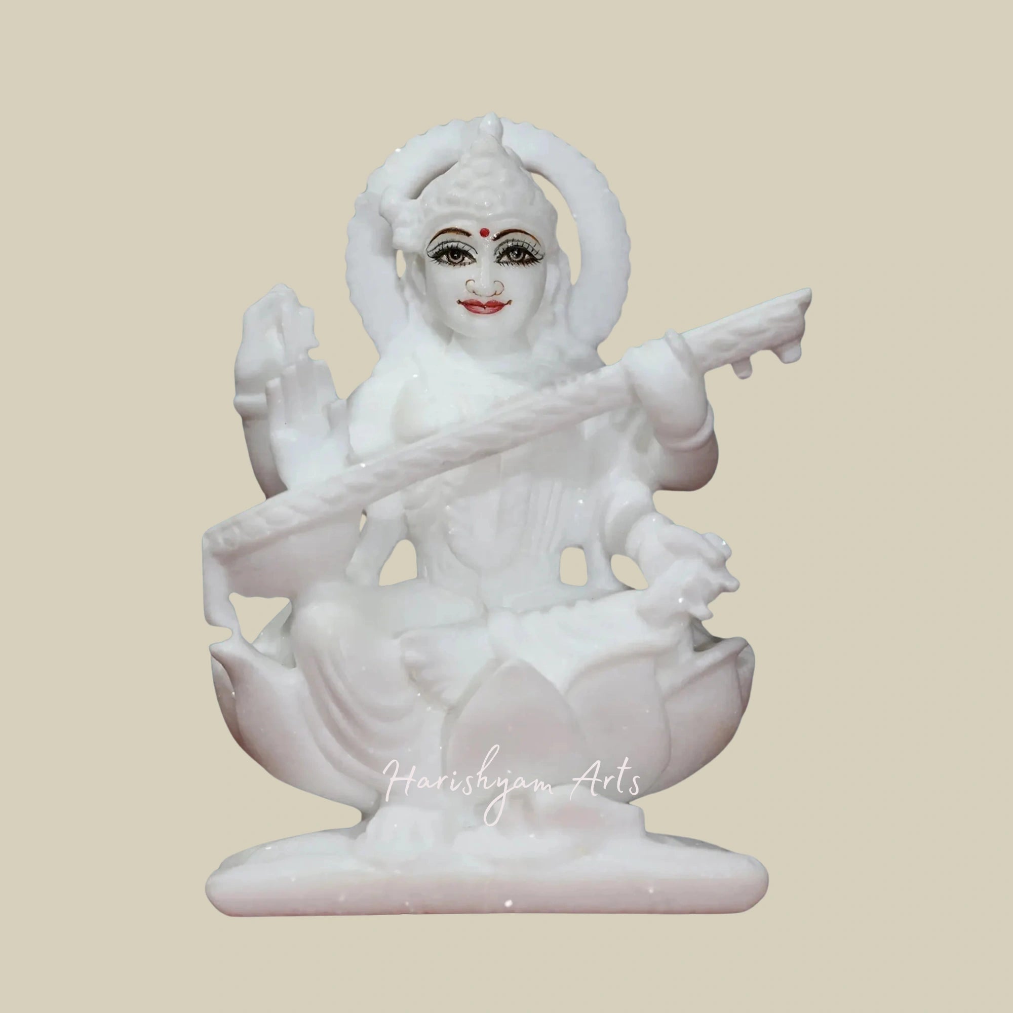 6" Chaturbhuja Saraswati Seated on Lotus Super White Makrana Marble Idol1