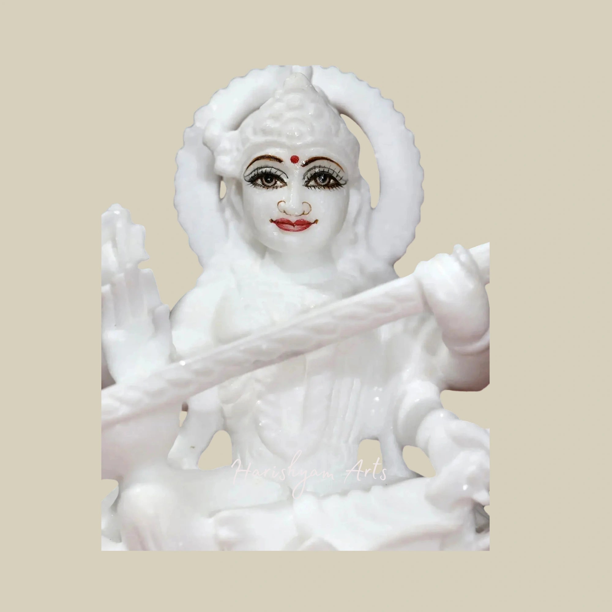 6" Chaturbhuja Saraswati Seated on Lotus Super White Makrana Marble Idol3