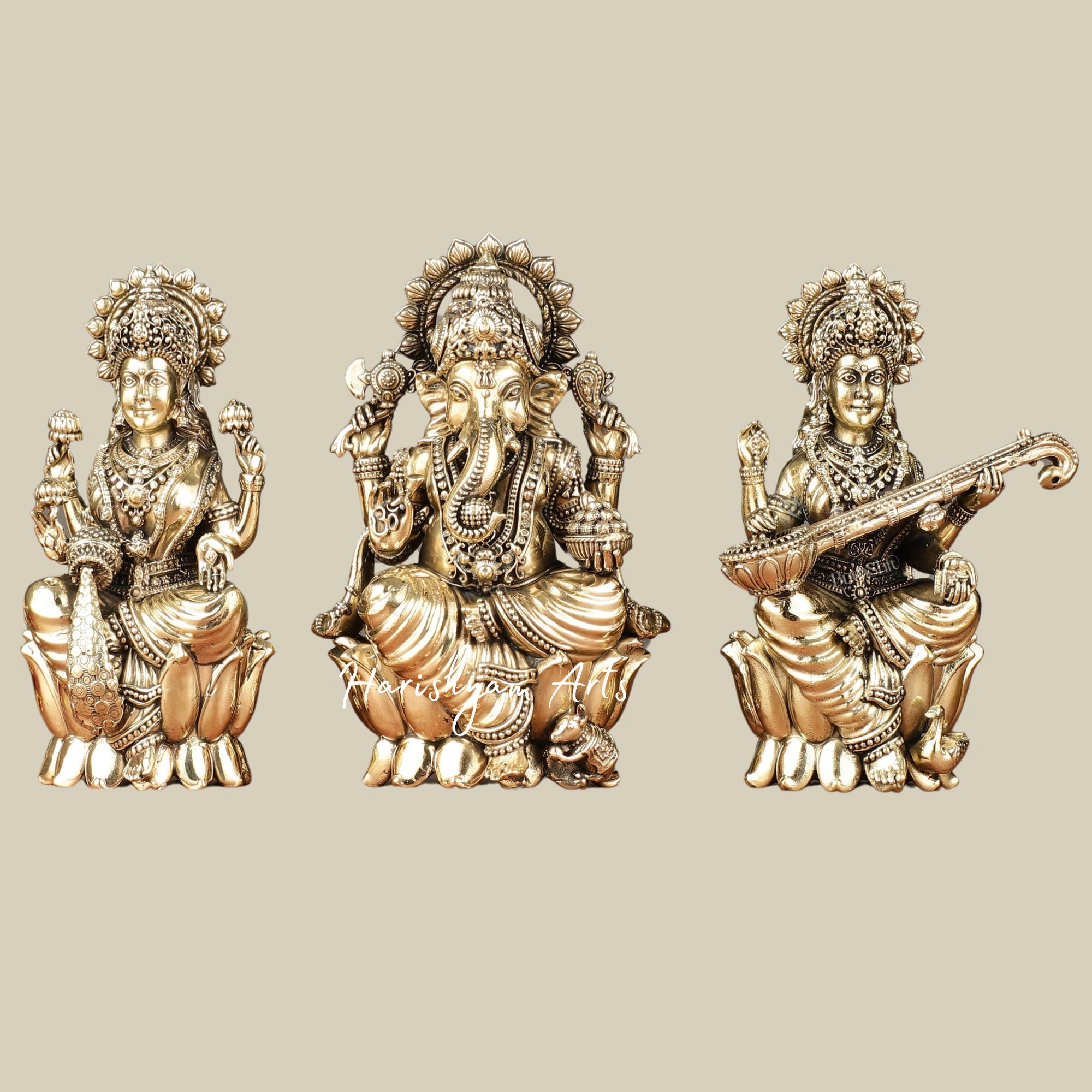 6" Exquisite Brass Idol Set of Ganesh, Lakshmi, and Saraswati for Mandir Decor