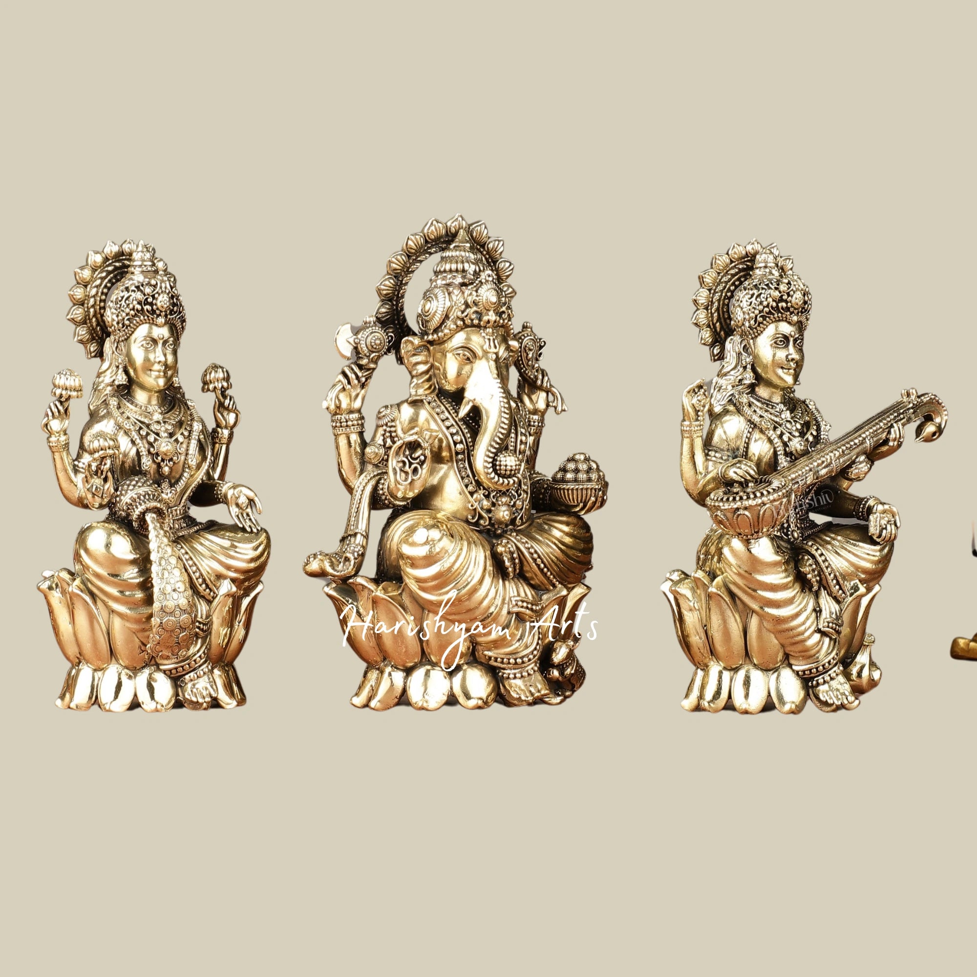 6" Exquisite Brass Idol Set of Ganesh, Lakshmi, and Saraswati for Mandir Decor1