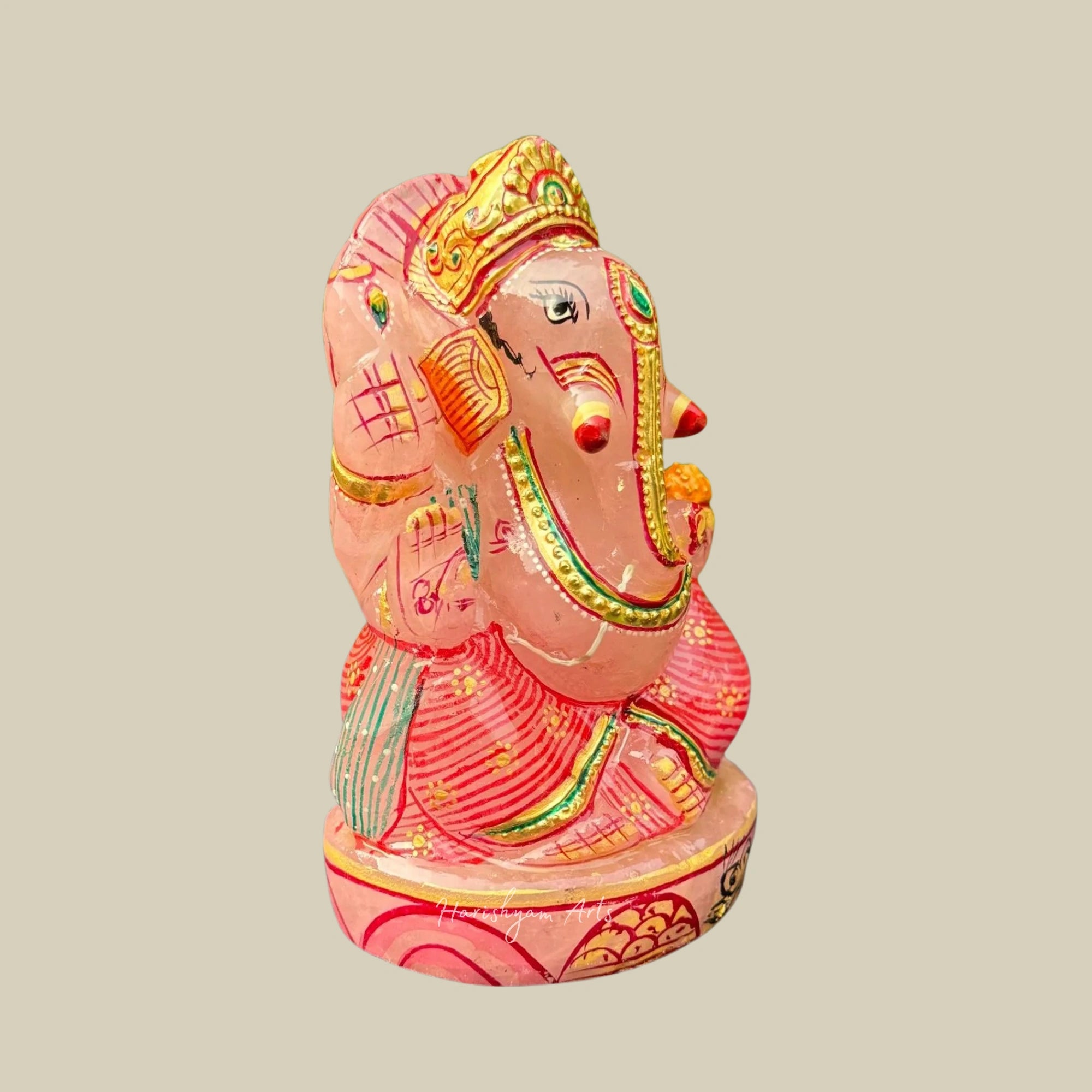 6" Hand Carved Rose Quartz Ganesha Idol Gold Painted Ganpati Statue for Home Decor