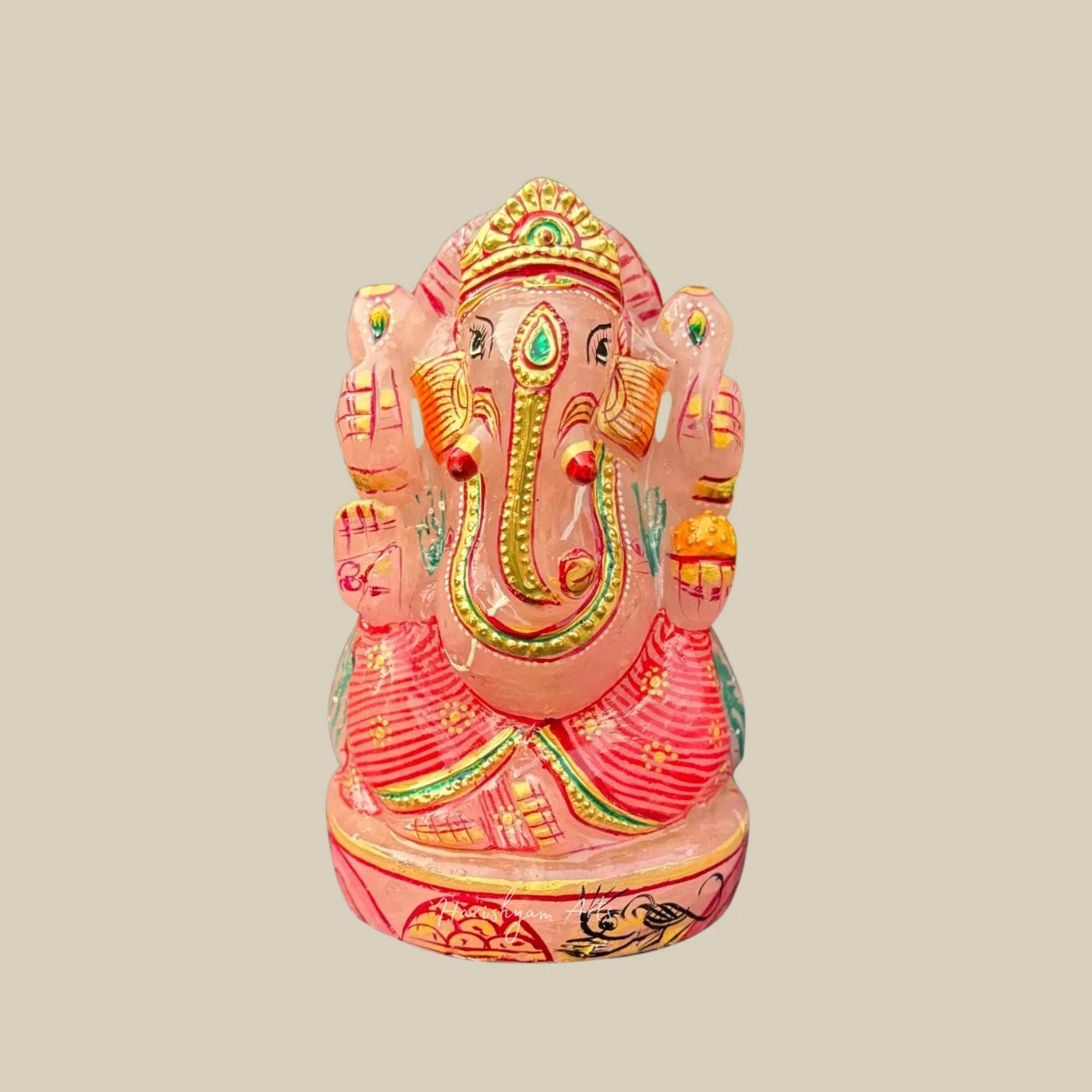6" Hand Carved Rose Quartz Ganesha Idol Gold Painted Ganpati Statue for Home Decor