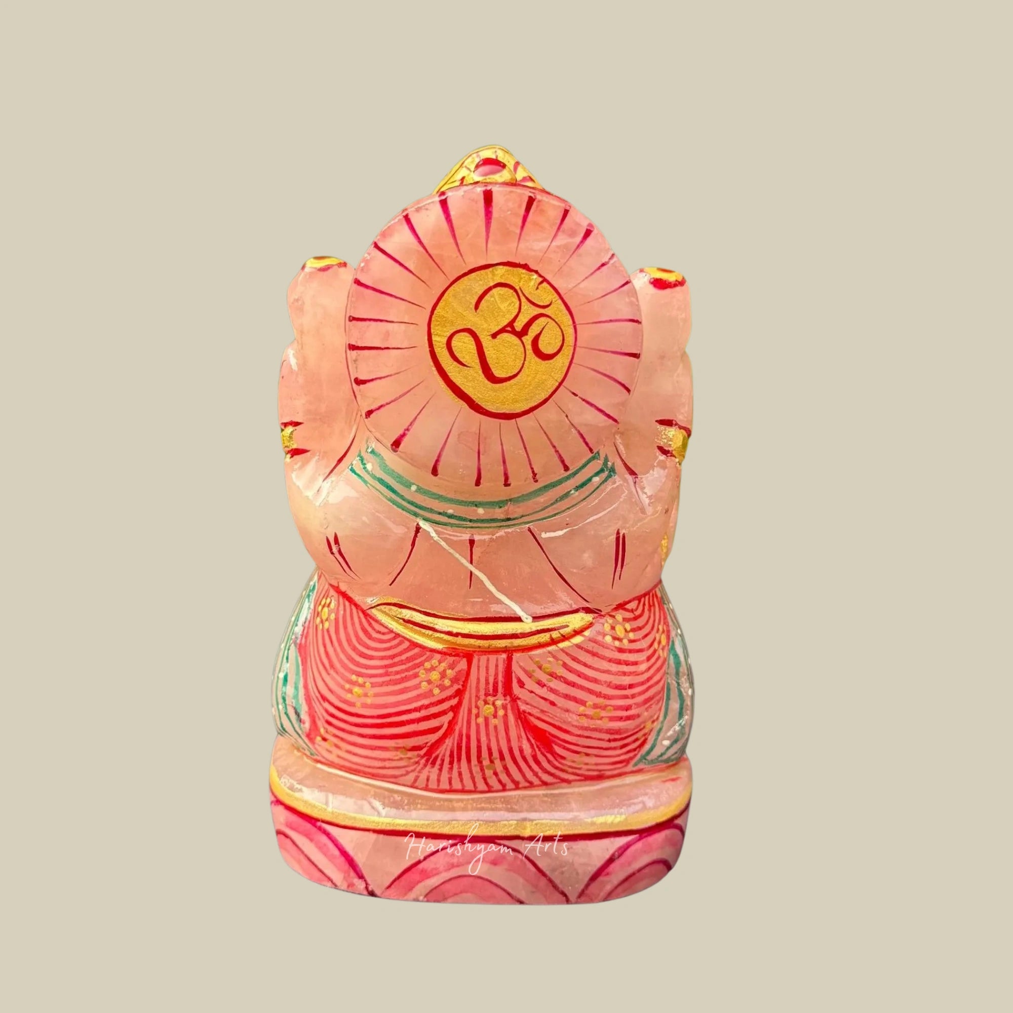 6" Hand Carved Rose Quartz Ganesha Idol Gold Painted Ganpati Statue for Home Decor