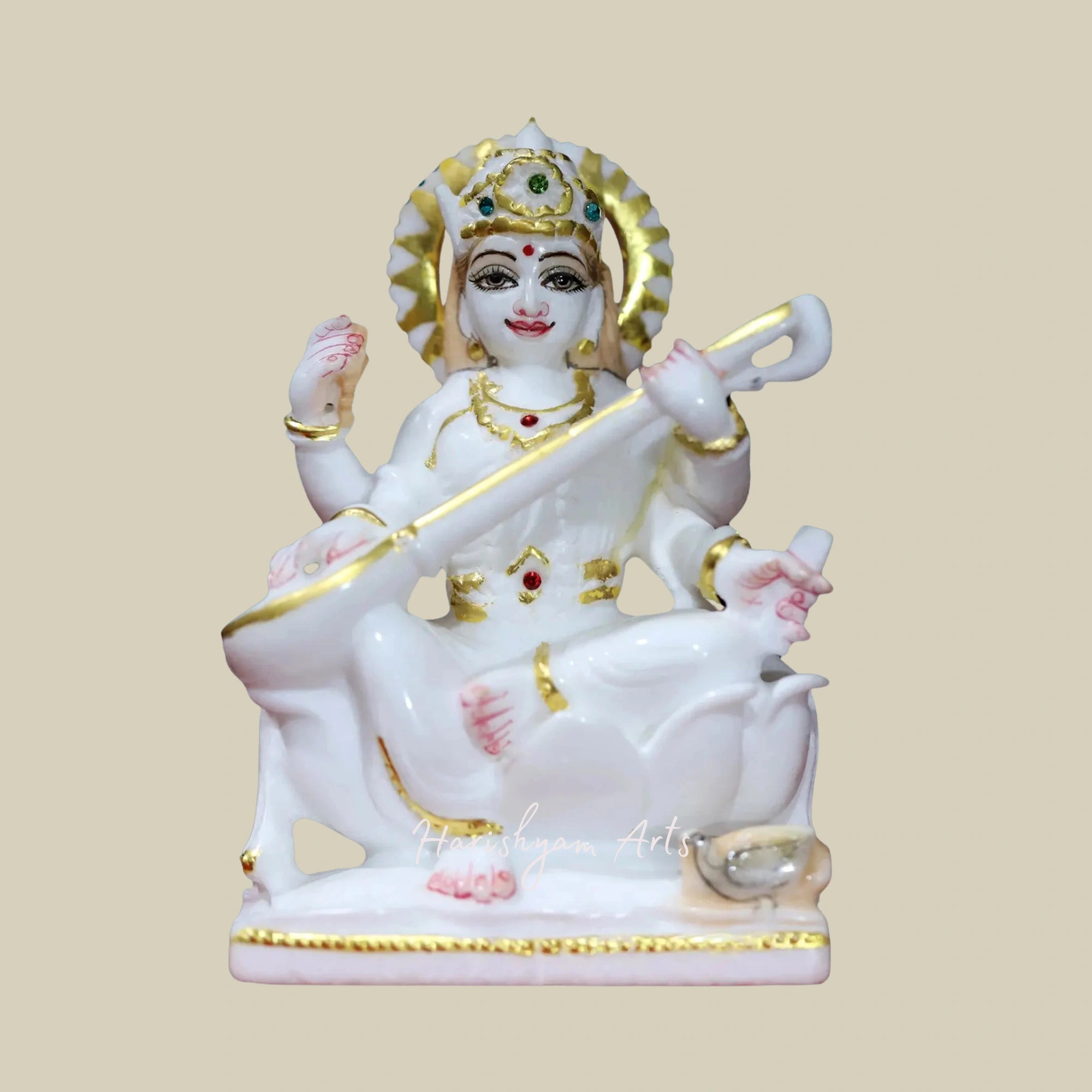 6" Marble Saraswati Murti Small Playing Sitar in Super White Makrana Marble Statue