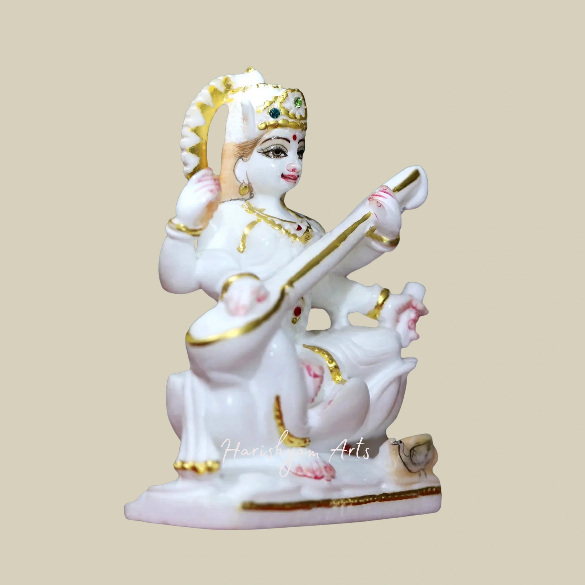 6" Marble Saraswati Murti Small Playing Sitar in Super White Makrana Marble Statue1