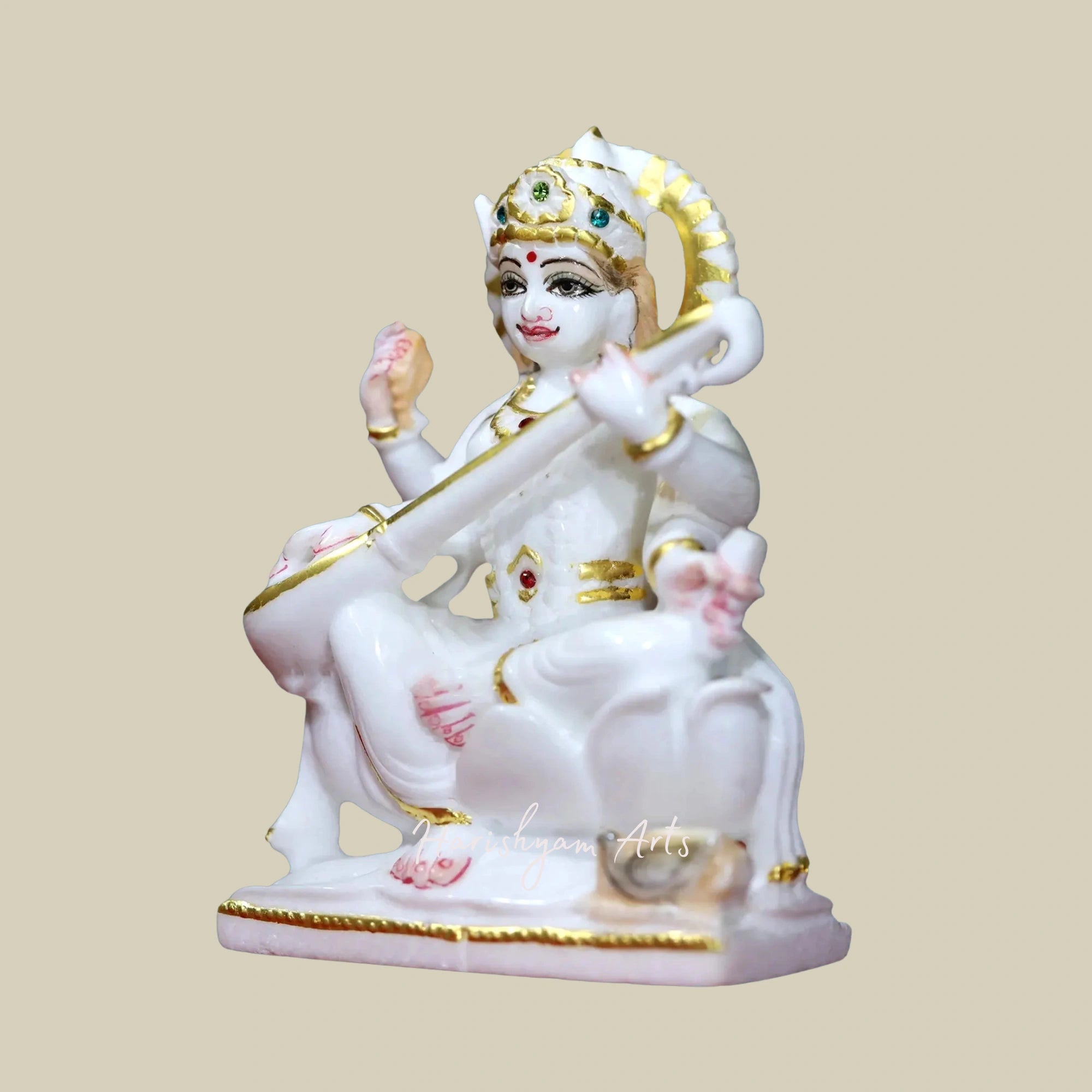 6" Marble Saraswati Murti Small Playing Sitar in Super White Makrana Marble Statue2