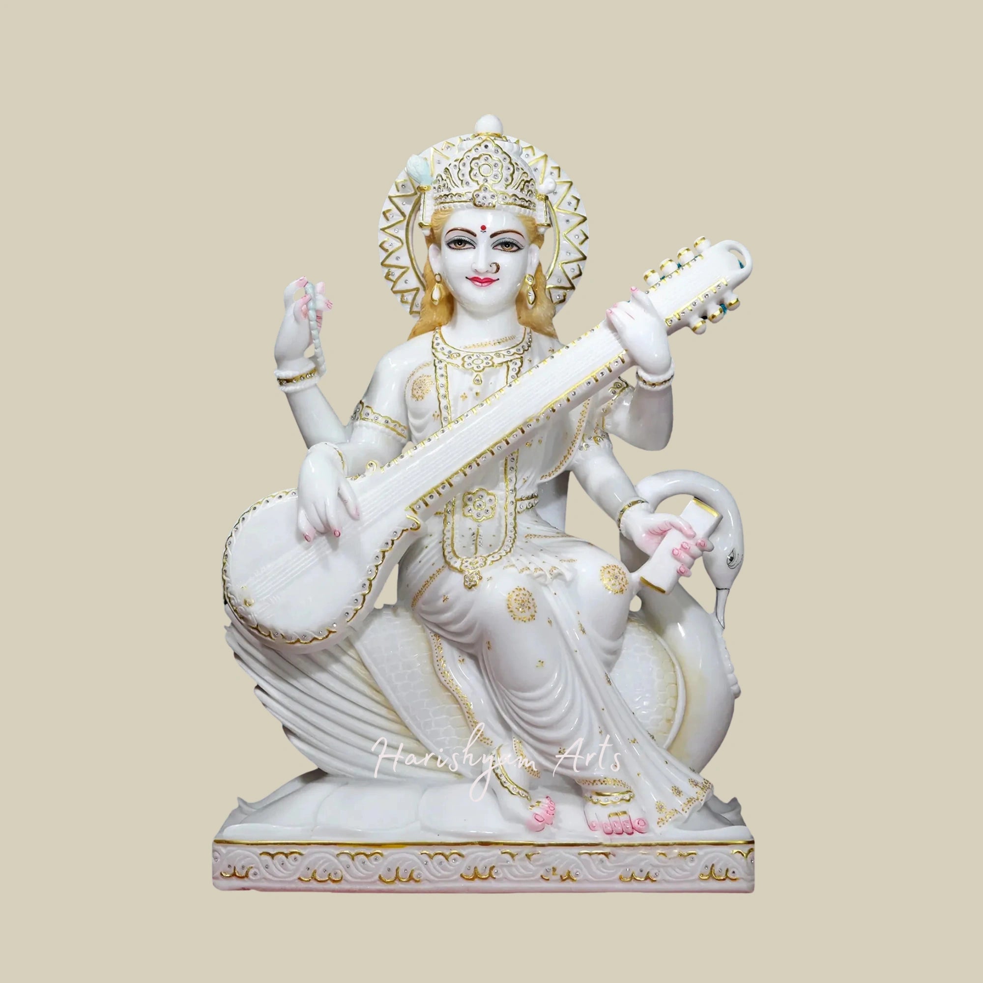 6" Marble Saraswati Murti Small Playing Sitar in Super White Makrana Marble Statue3