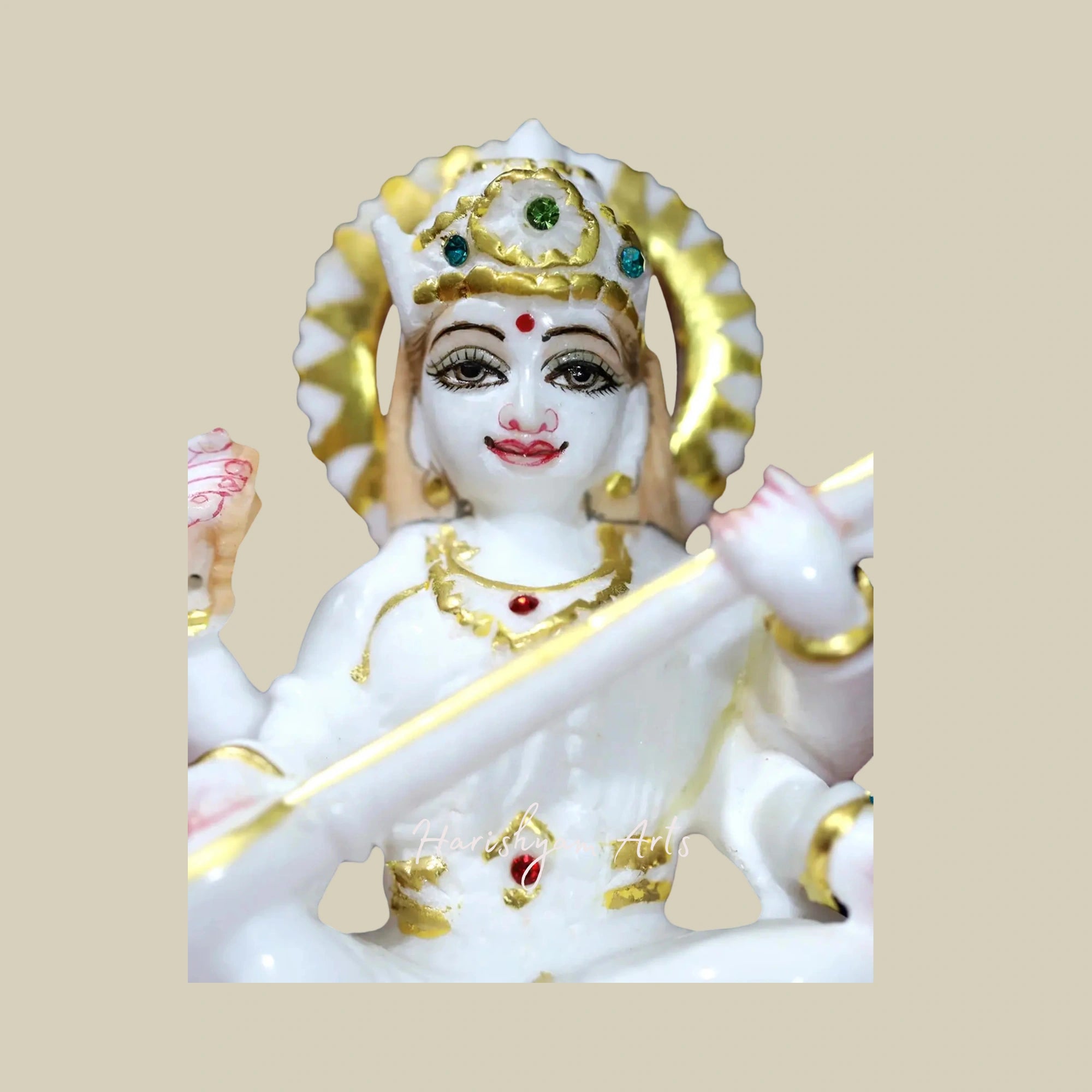 6" Marble Saraswati Murti Small Playing Sitar in Super White Makrana Marble Statue4