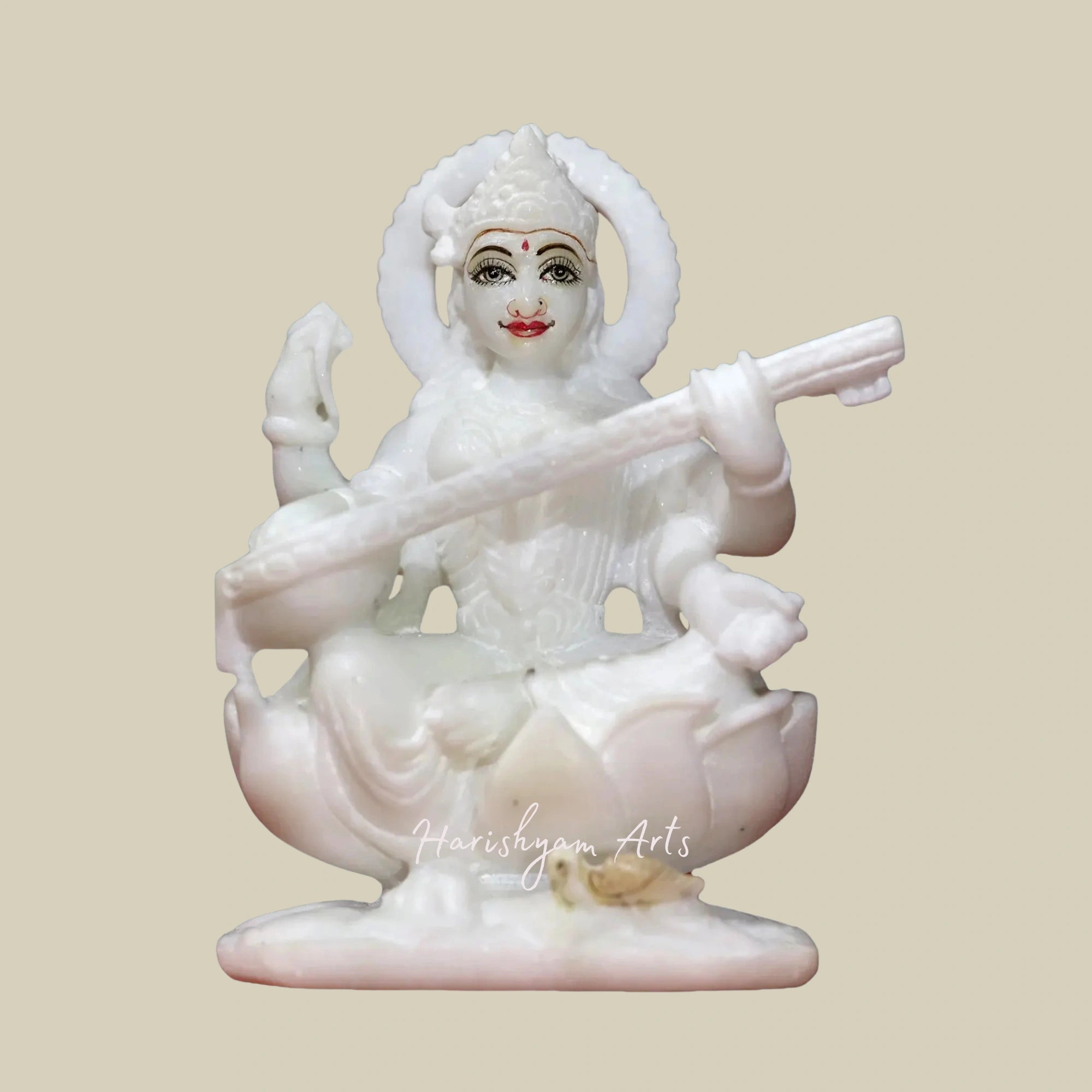 6" White Marble Saraswati Idol with Sitar