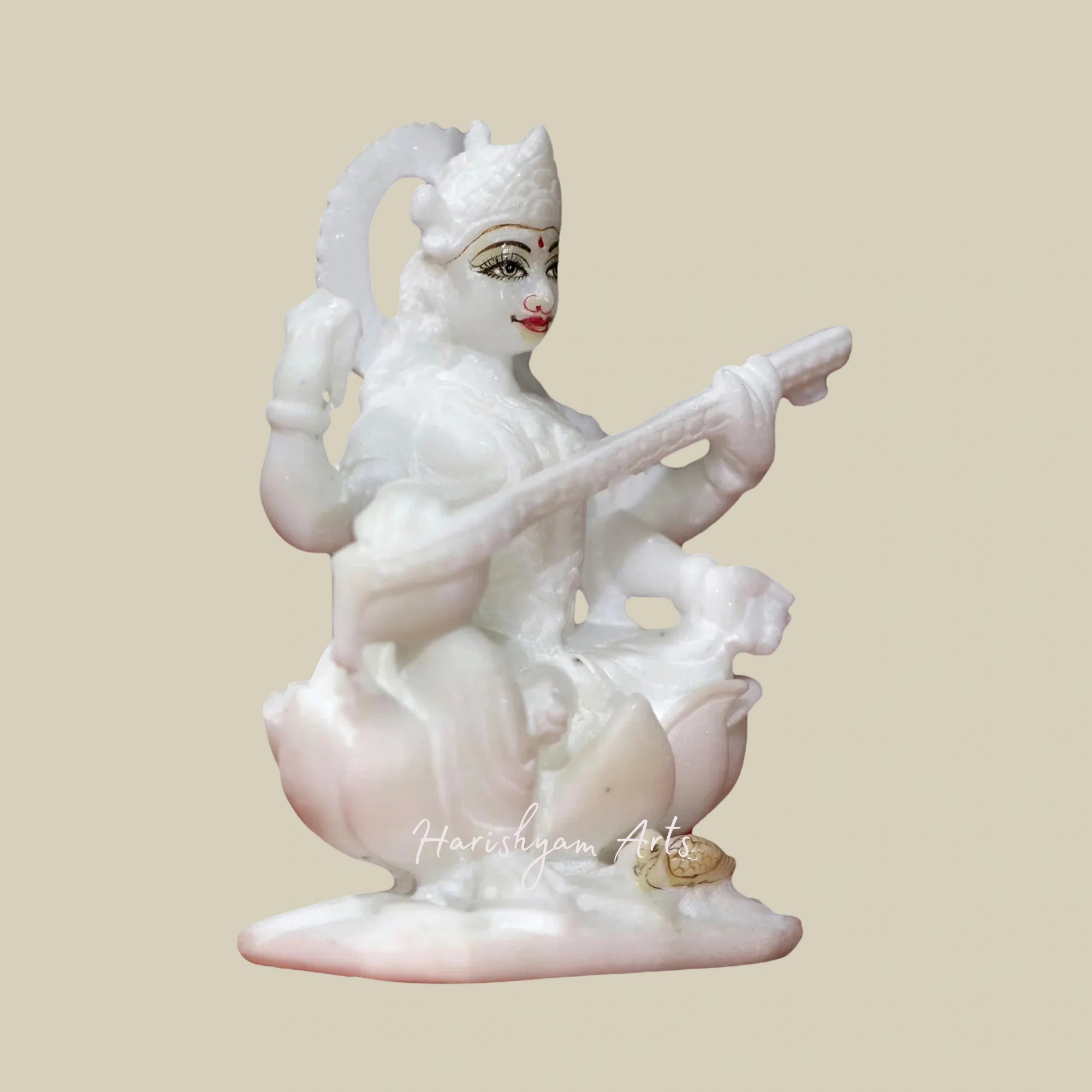 6" White Marble Saraswati Idol with Sitar