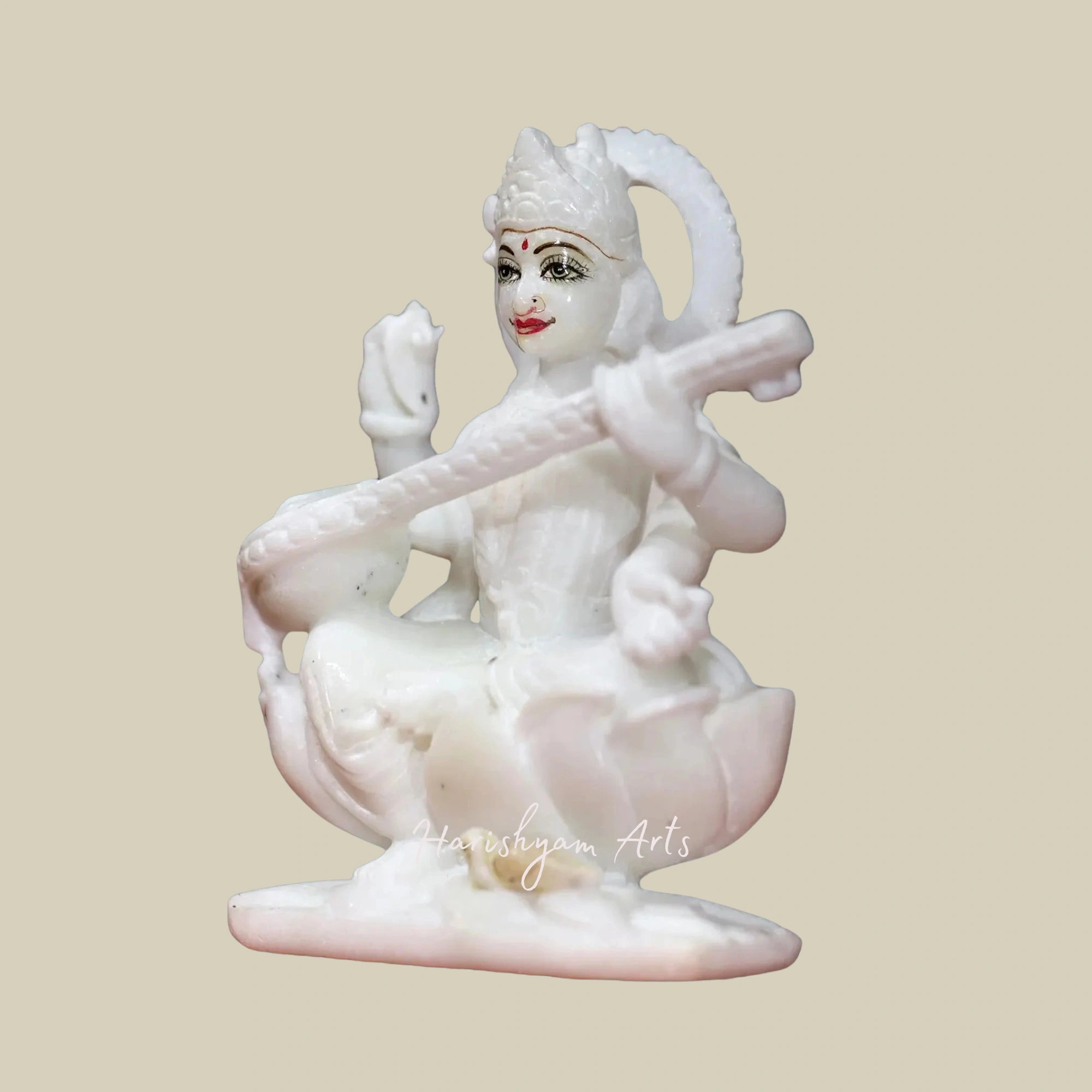 6" White Marble Saraswati Idol with Sitar