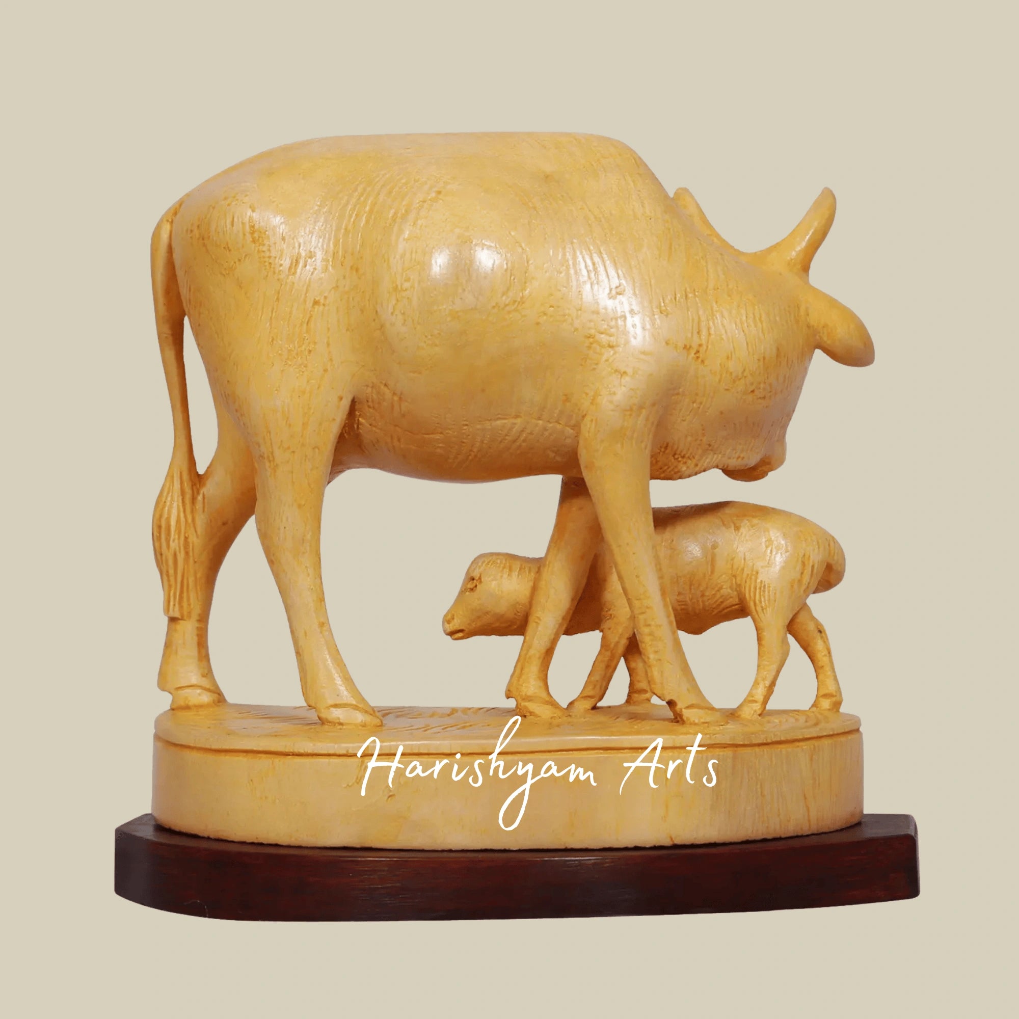 6" Wooden Cow and Calf Figurine – Hand-Painted Indian Handicraft