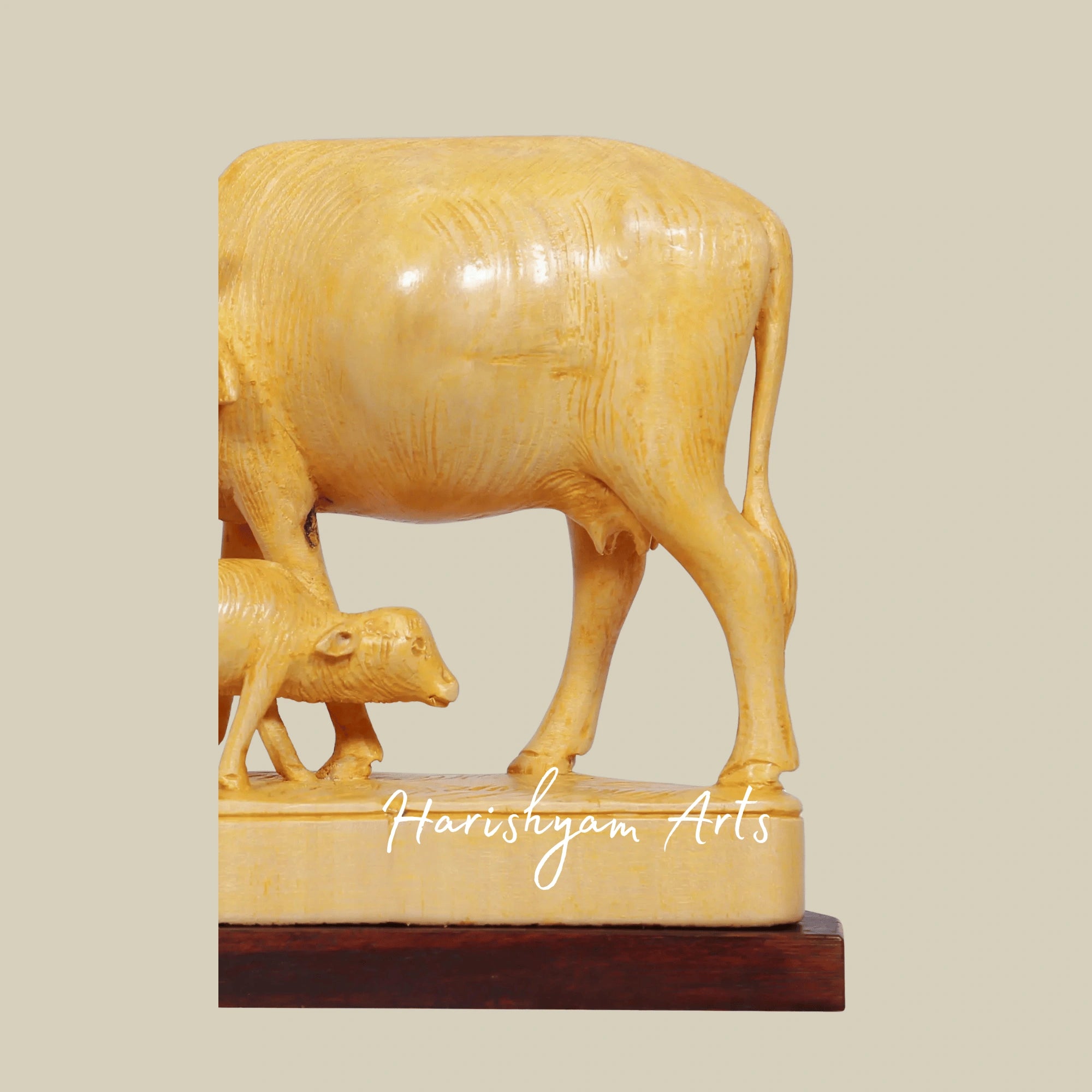 6" Wooden Cow and Calf Figurine – Hand-Painted Indian Handicraft