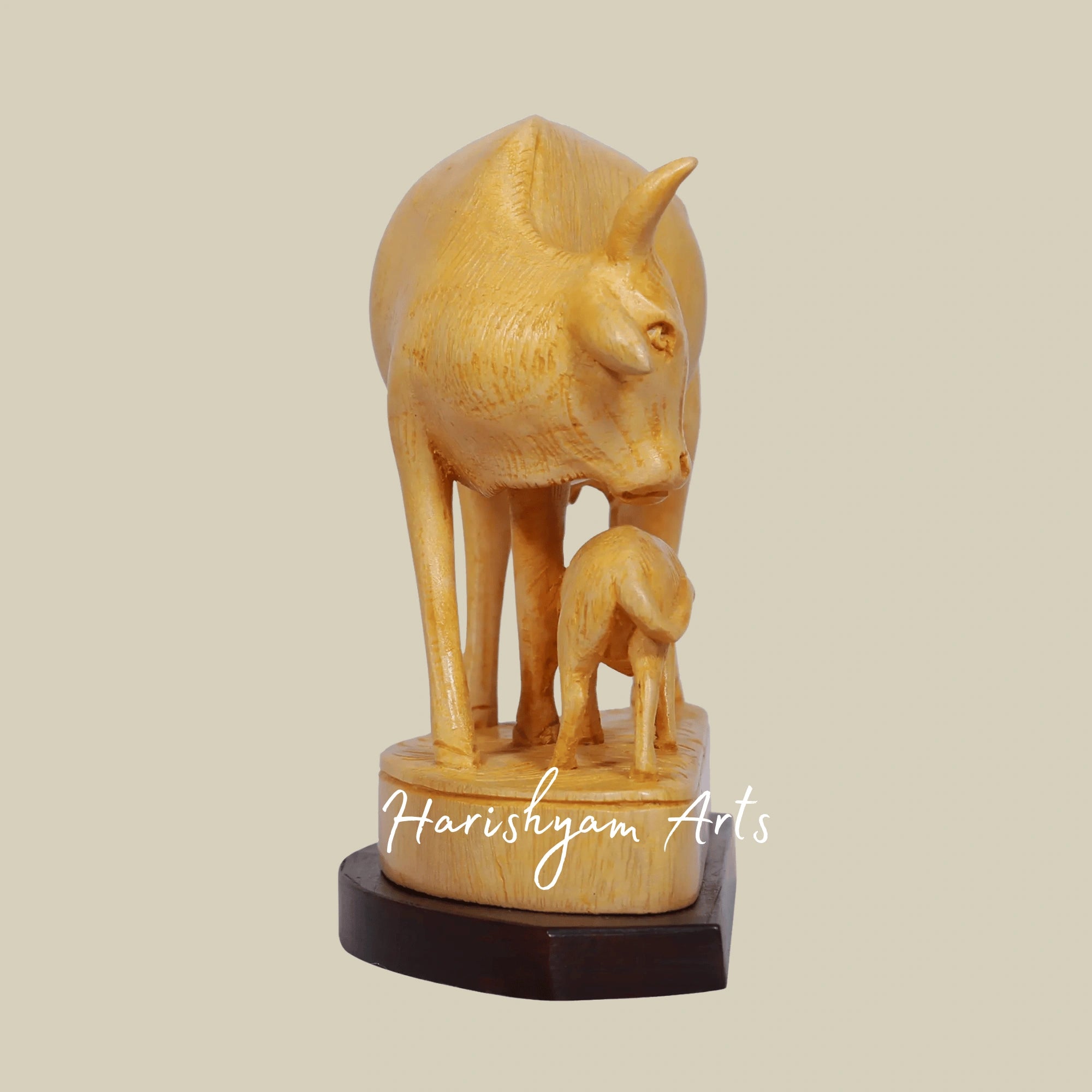 6" Wooden Cow and Calf Figurine – Hand-Painted Indian Handicraft